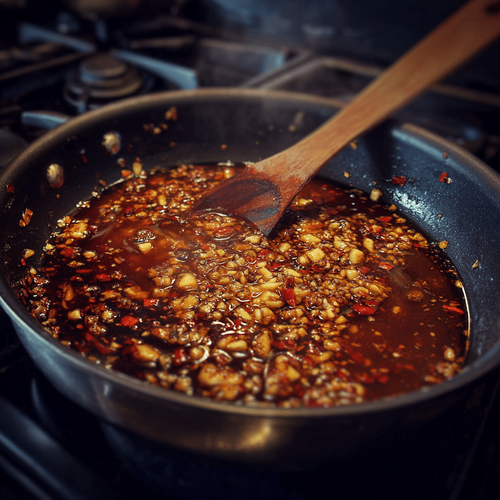 cooking stingin honey garlic sauce in saucepan