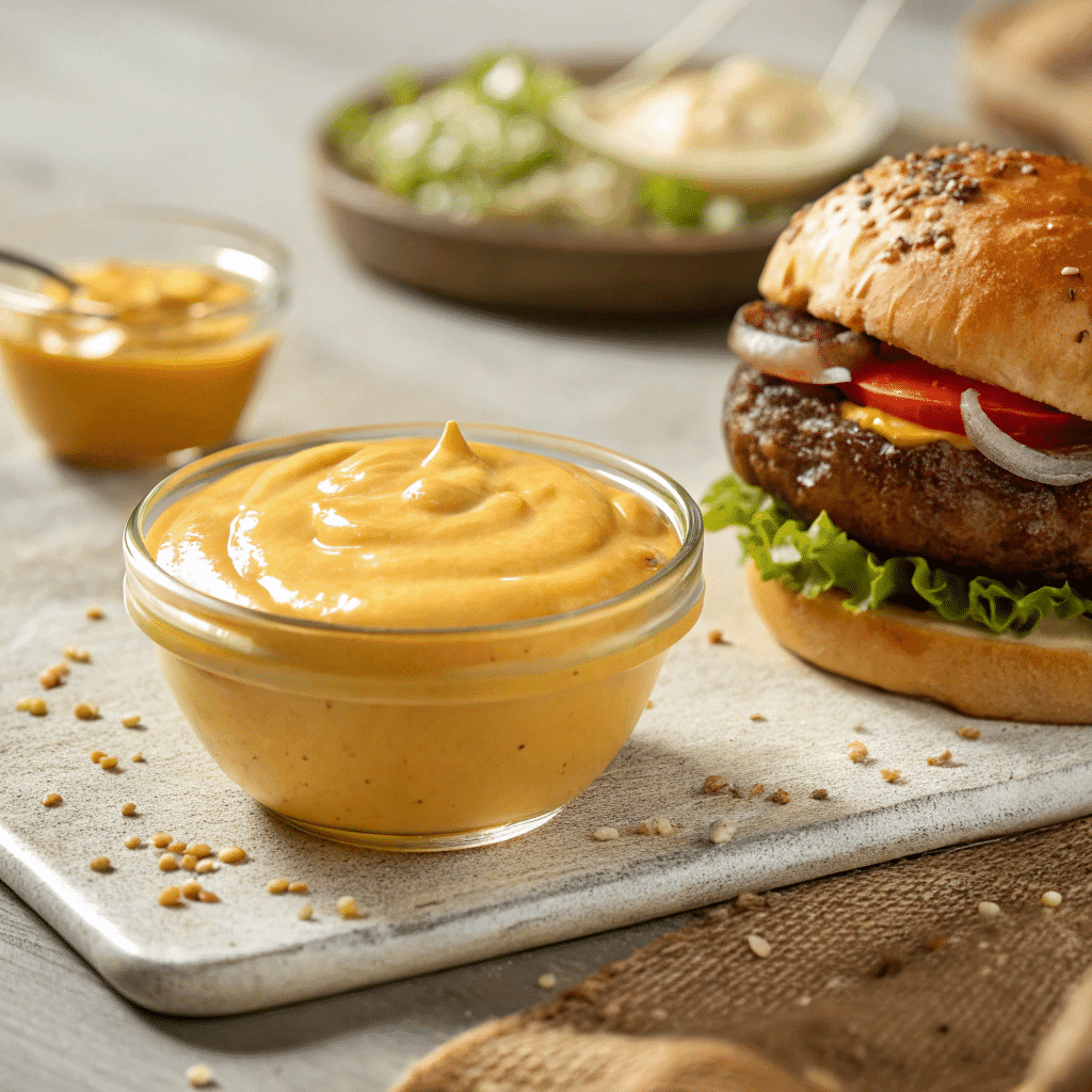 savory royal sauce Burger King recipe in a glass bowl beside burger