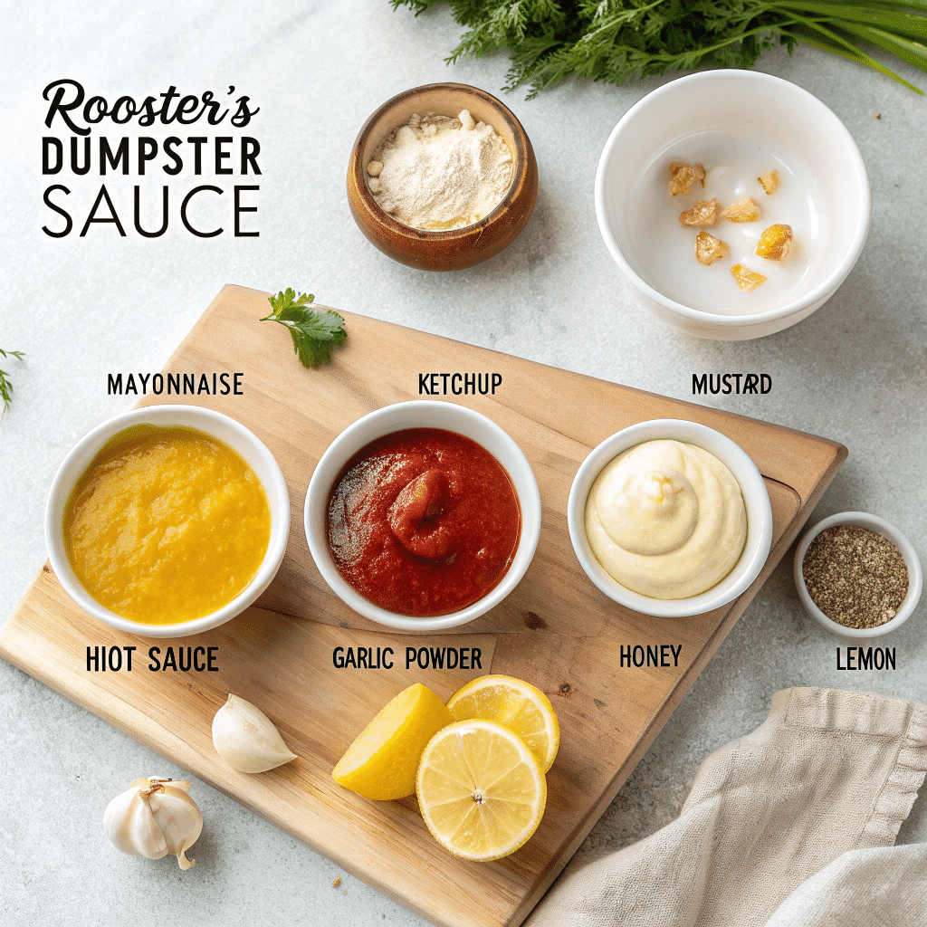 Ingredients for Roosters Dumpster Sauce recipe on kitchen counter.