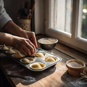 Cranberry Cream Cheese Crescent Bites 2 hands pressing crescent dough into mini muffin tin