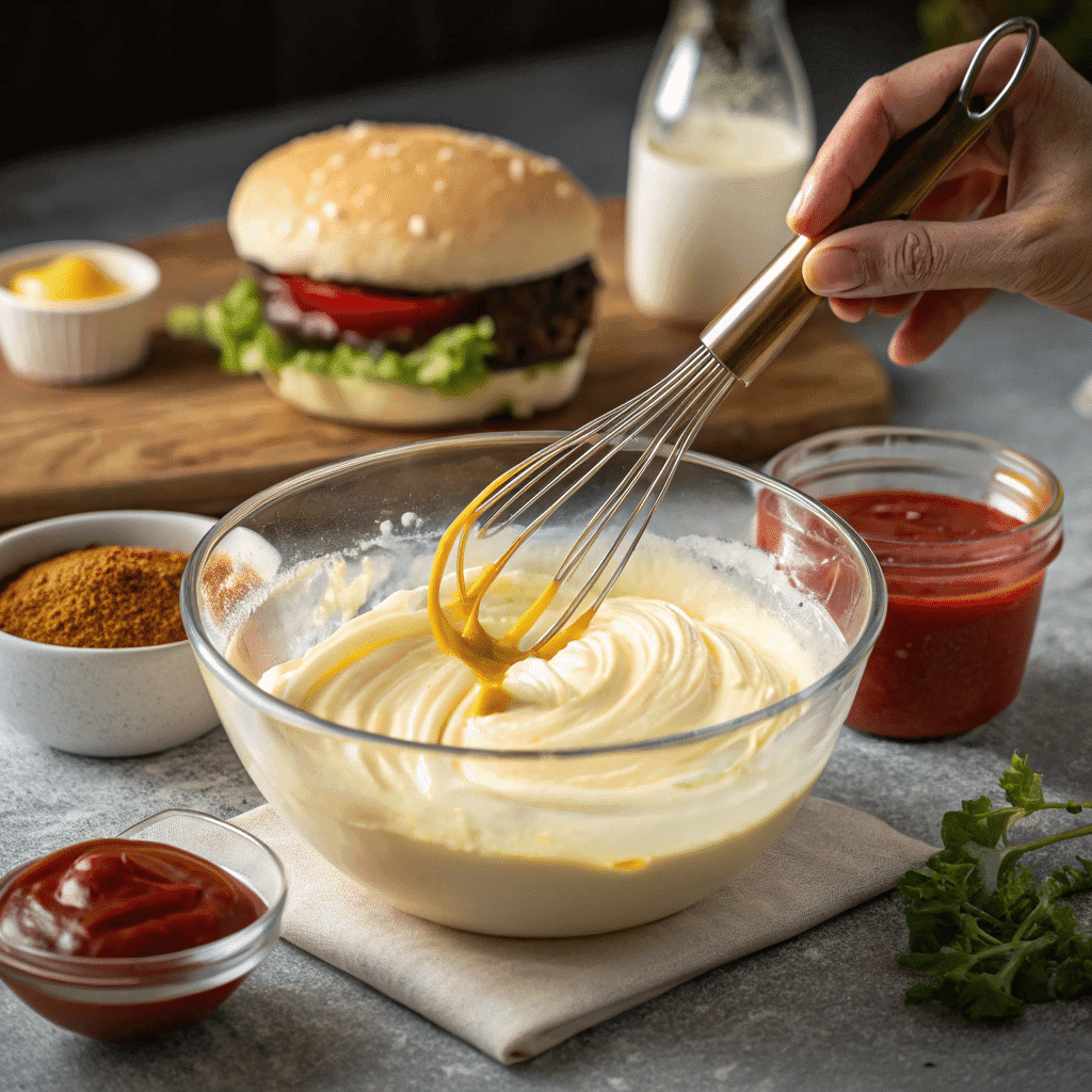 mixing ingredients for savory royal sauce Burger King recipe
