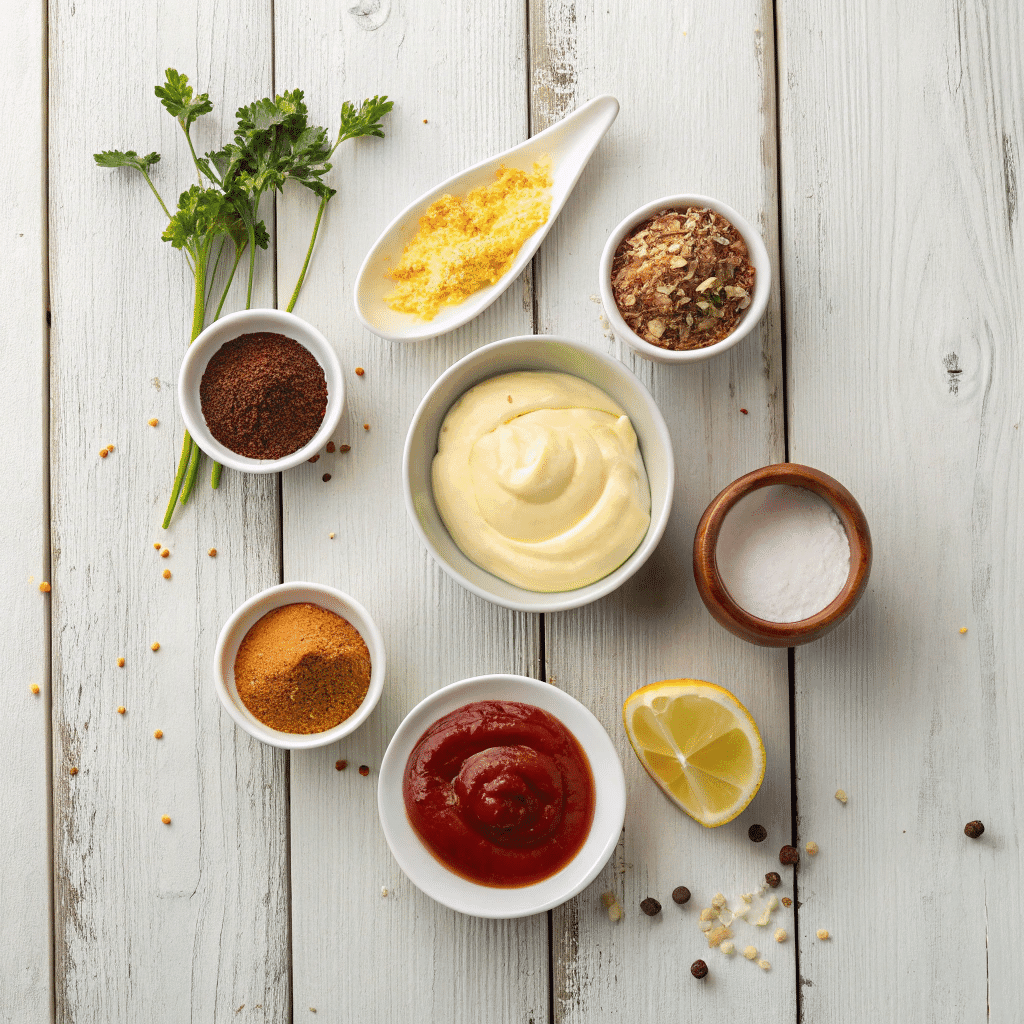 ingredients for savory royal sauce Burger King recipe on a wooden table