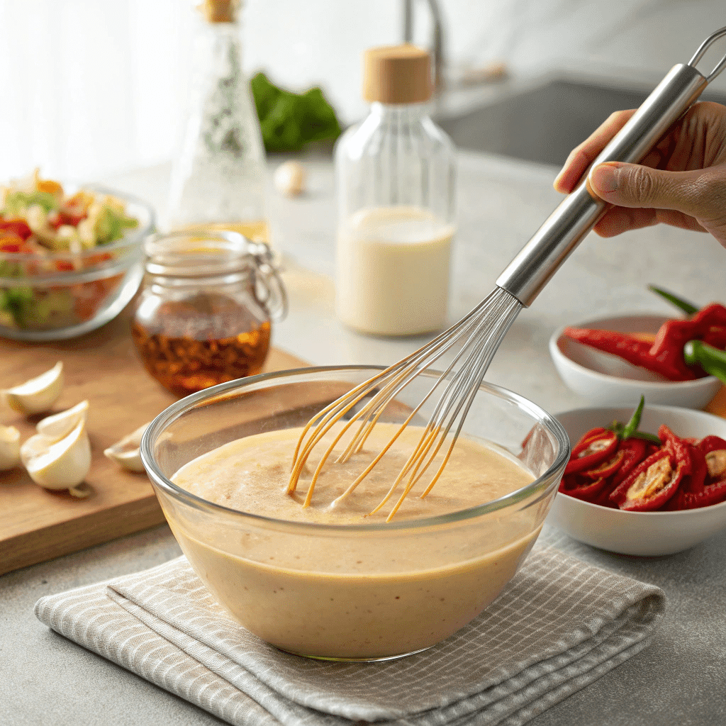 Mixing Roosters Dumpster Sauce recipe ingredients in a glass bowl.