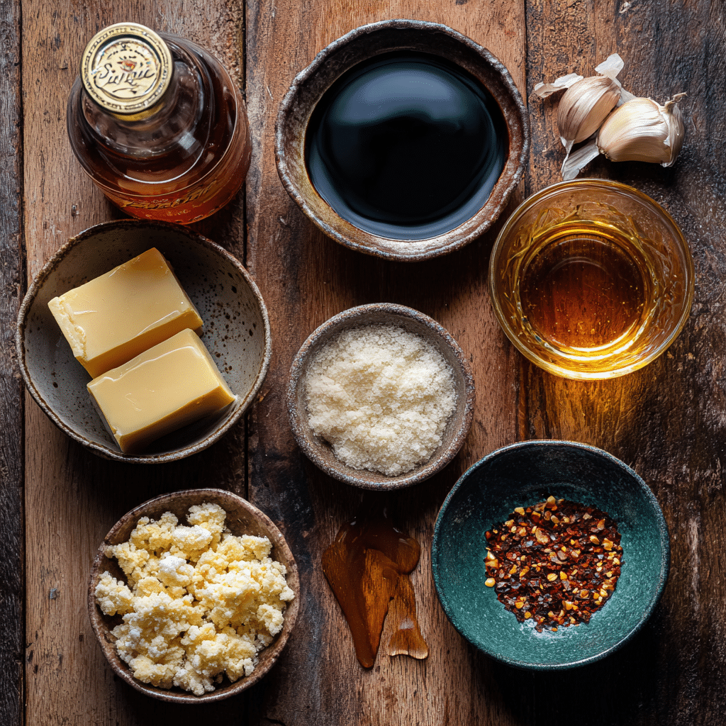 ingredients for stingin honey garlic sauce recipe on kitchen counter