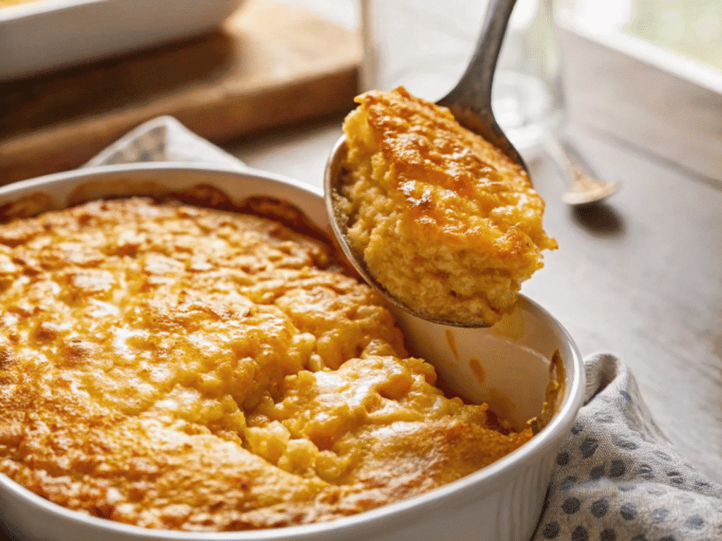 Grandma’s corn pudding baked golden in rustic kitchen