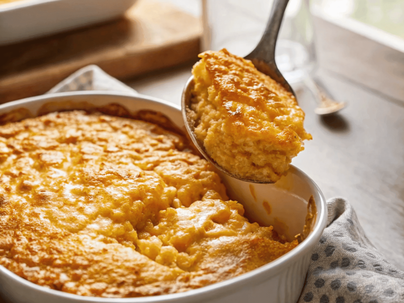Grandma’s Corn Pudding 1 Grandma’s corn pudding baked golden in rustic kitchen