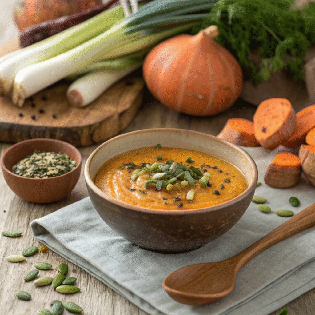 Pumpkin sweet potato leek soup in rustic bowl