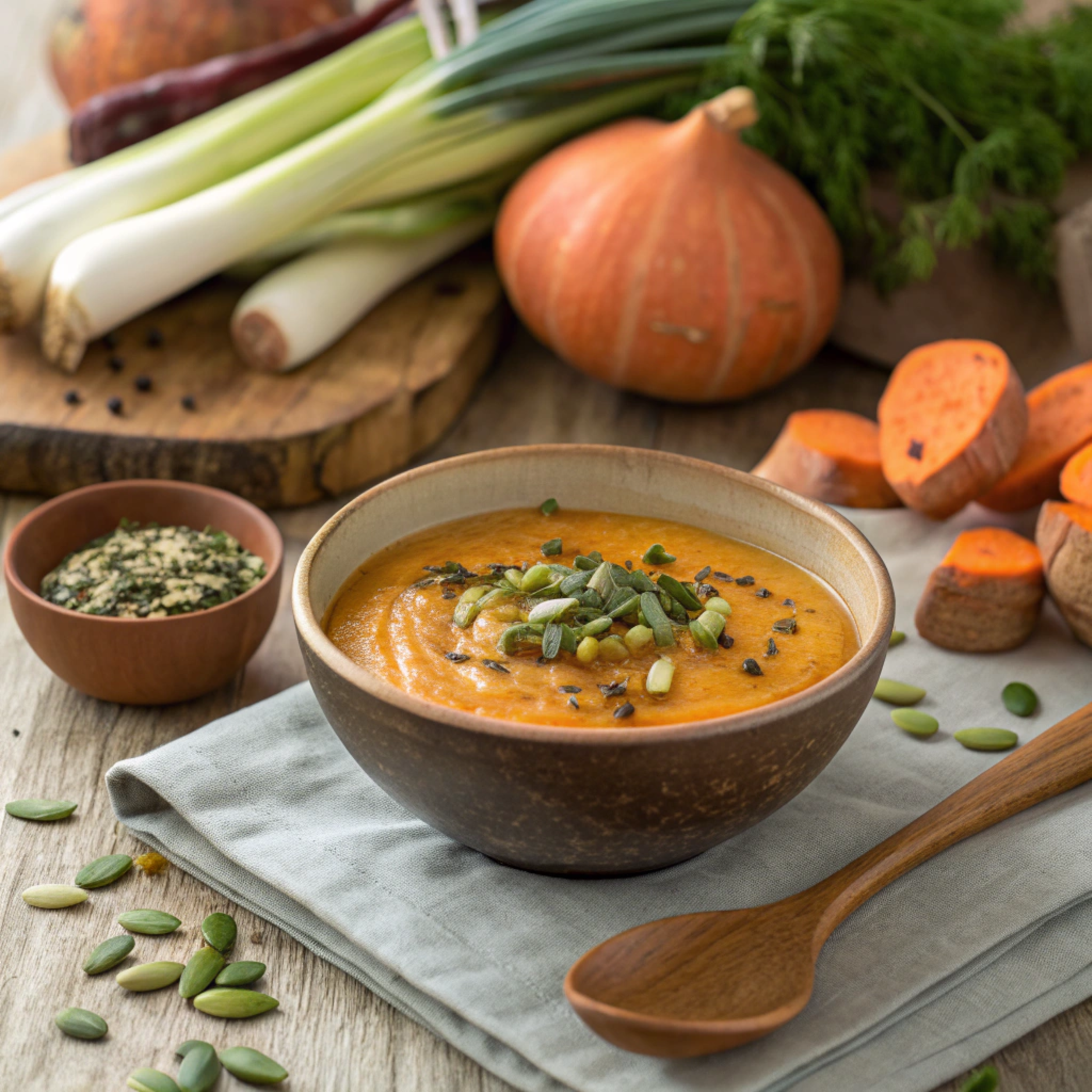 Pumpkin sweet potato leek soup in rustic bowl