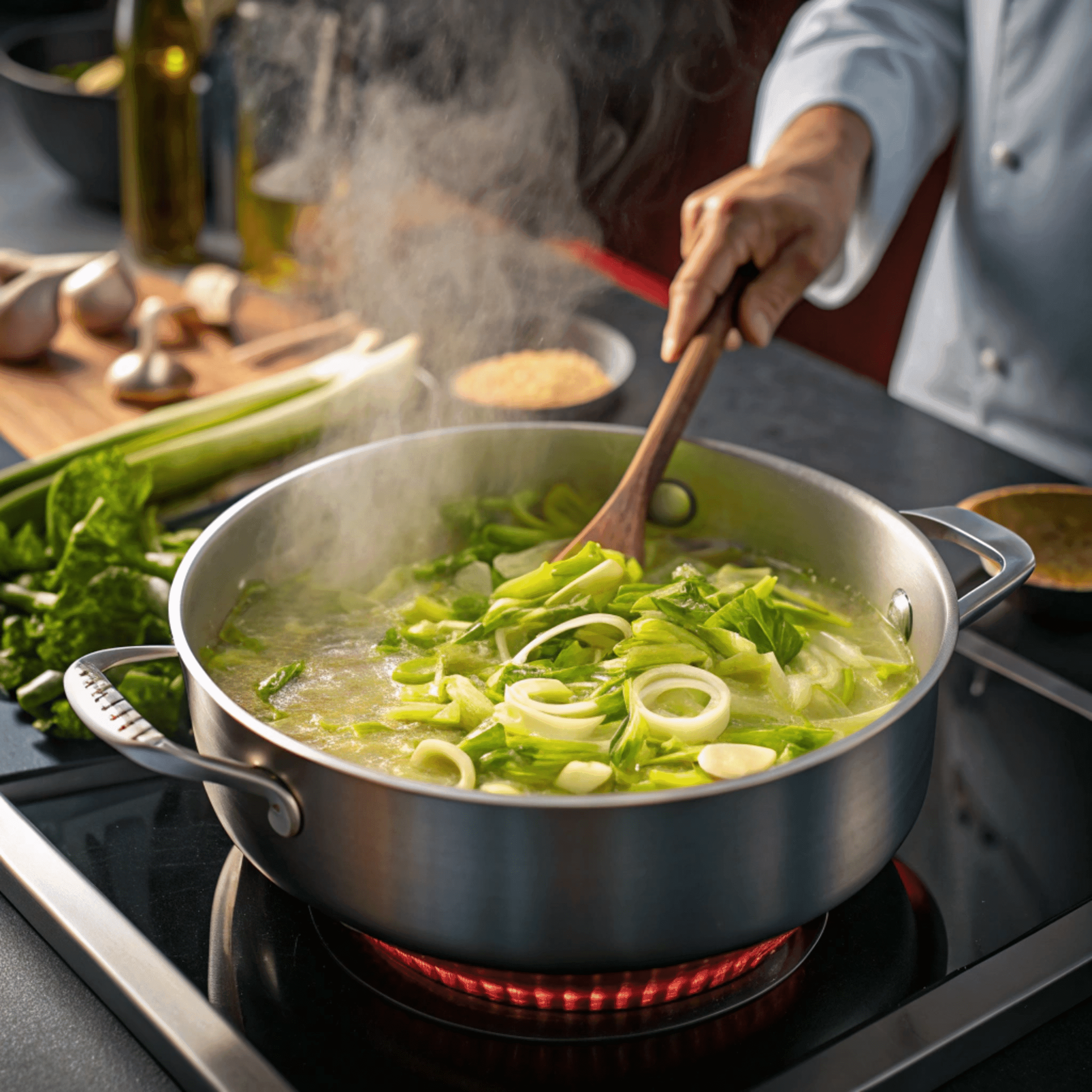 Sautéing leeks and garlic for pumpkin sweet potato leek soup