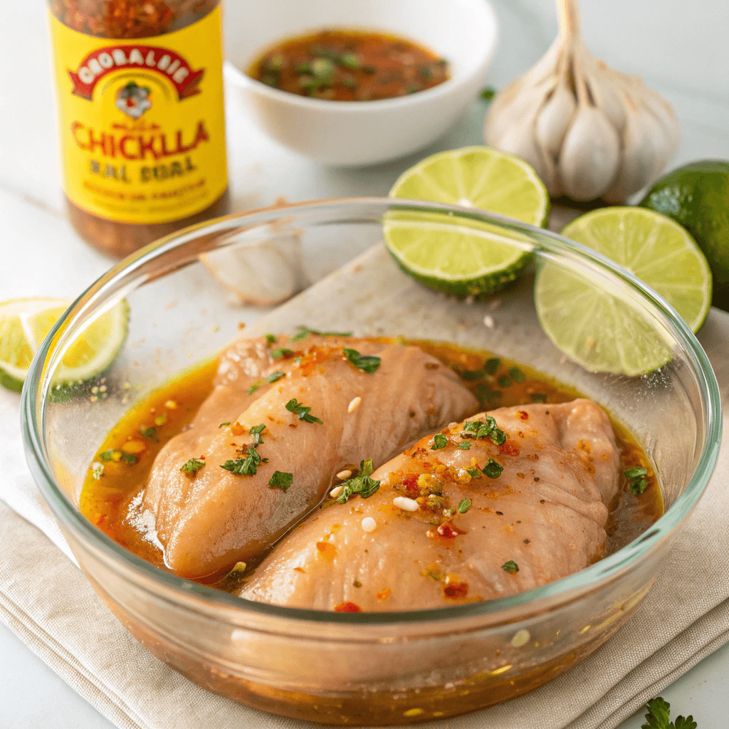 Marinating chicken for RibCholula Hot and Sweet Chicken Qdoba recipe