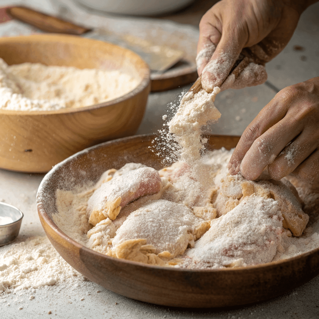 Coating chicken in seasoned flour for Willie Mae’s Fried Chicken Recipe