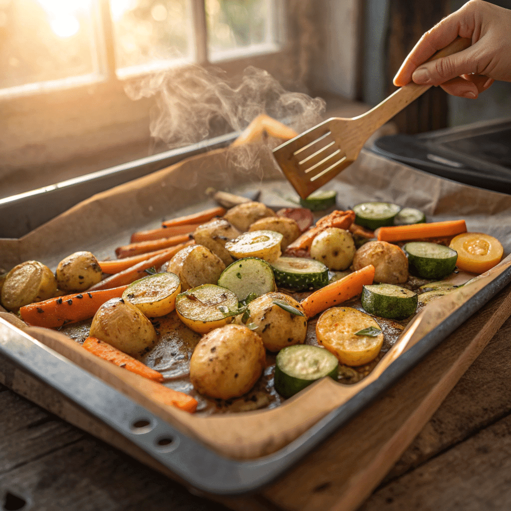 golden-roasted-potatoes--carrots--and-zucchini-on- golden roasted potatoes carrots and zucchini on