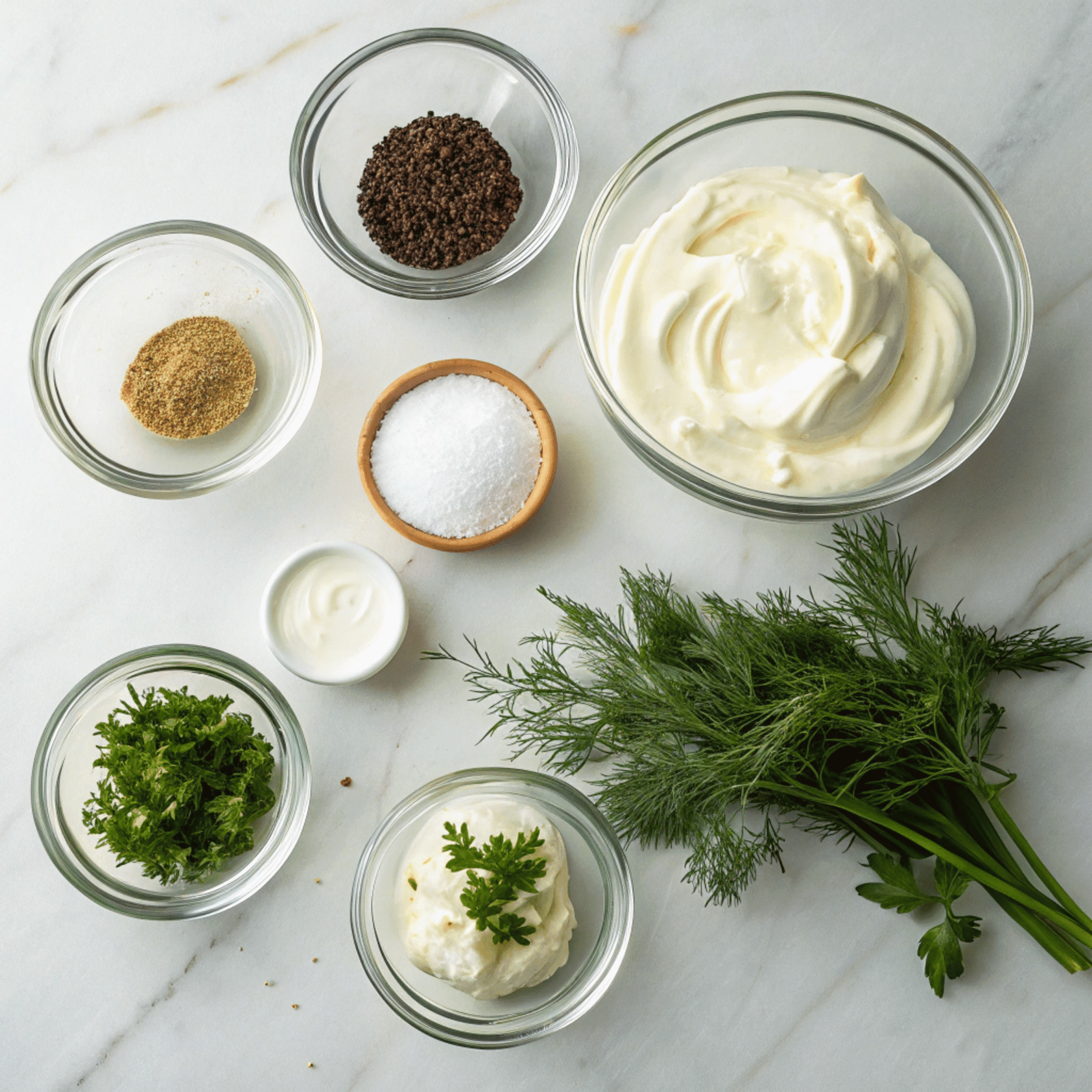 Ingredients for Mazzio’s ranch recipe arranged on a marble surface