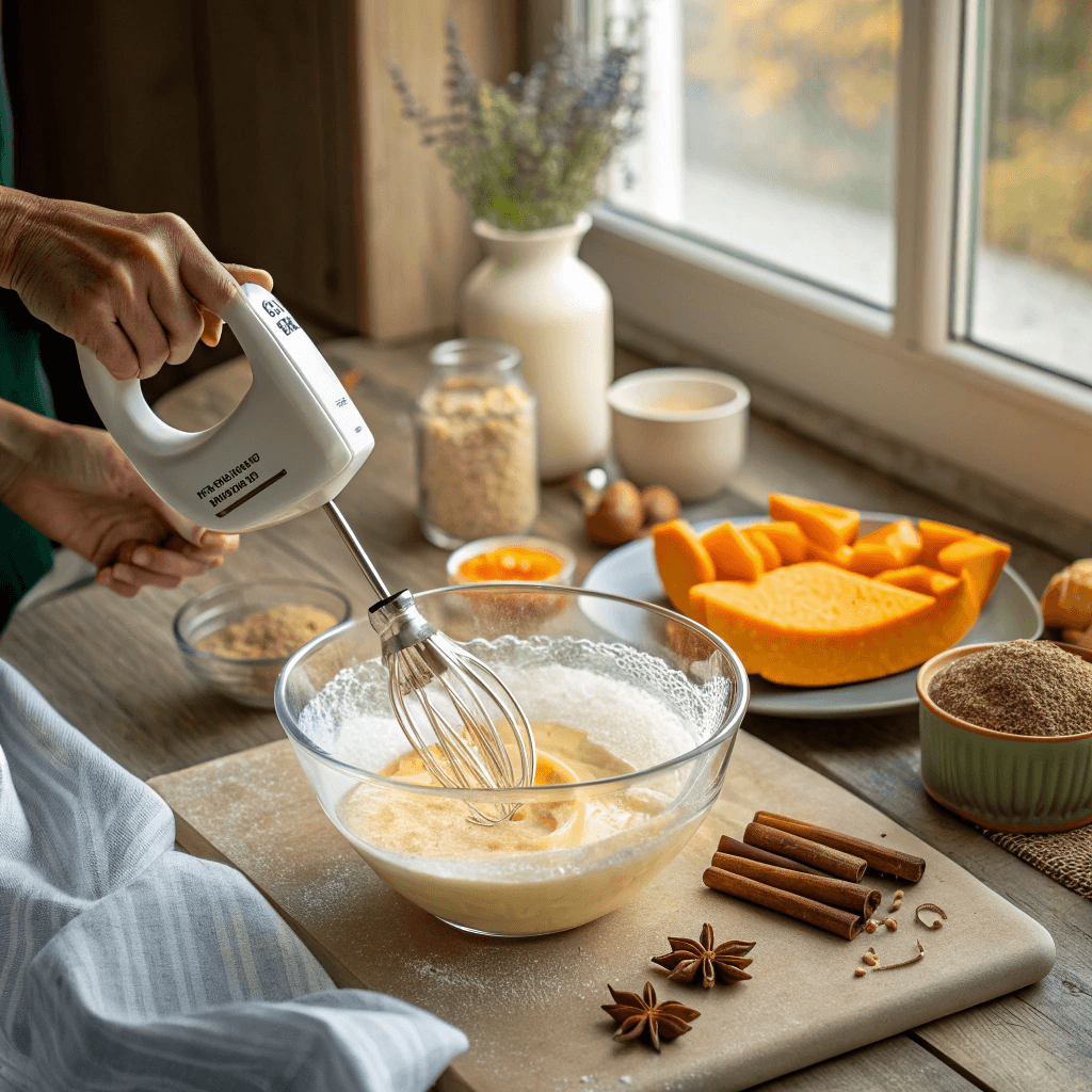 Mixing cream cheese and sugar for Paula Deen Pumpkin Cheesecake