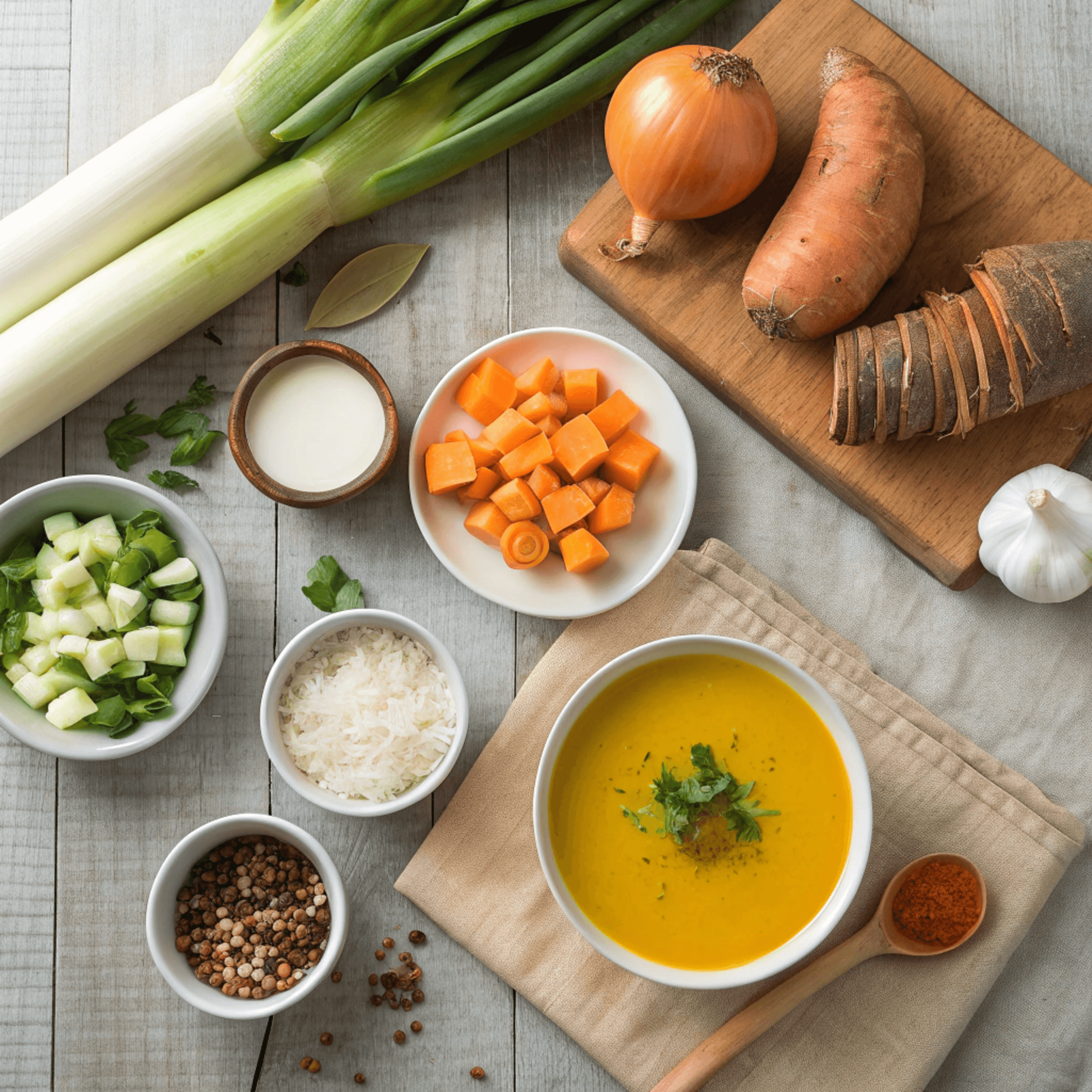 Ingredients for pumpkin sweet potato leek soup recipe