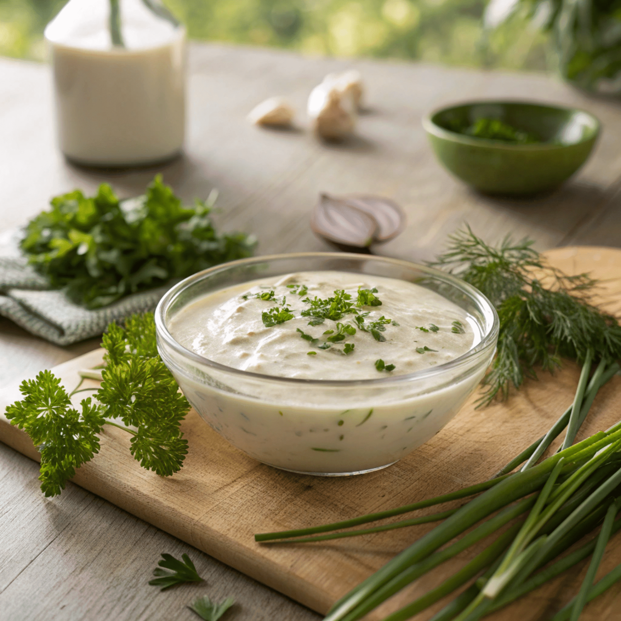 Creamy homemade Mazzio’s ranch recipe in a glass bowl surrounded by fresh herbs