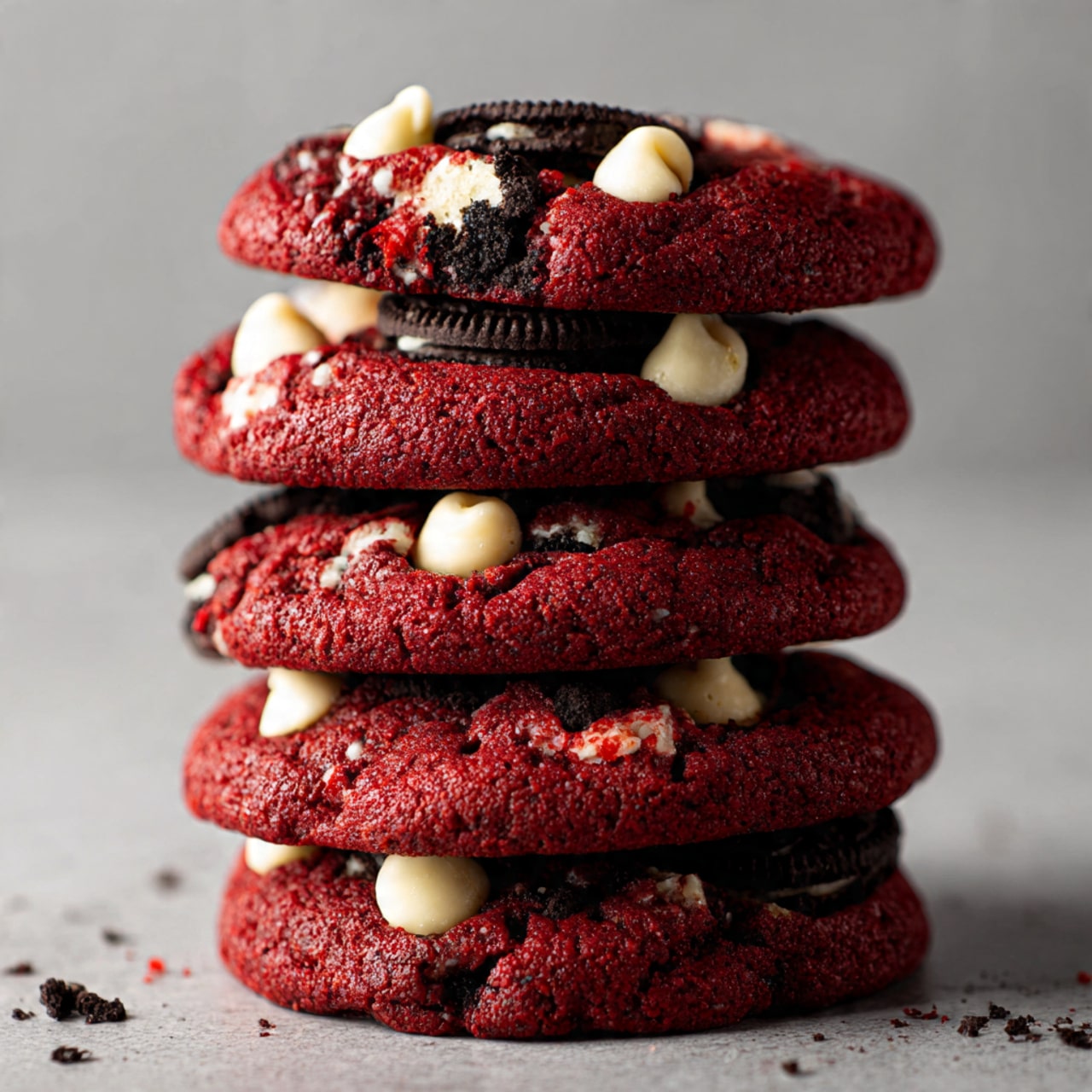 a stack of red velvet cookies with
