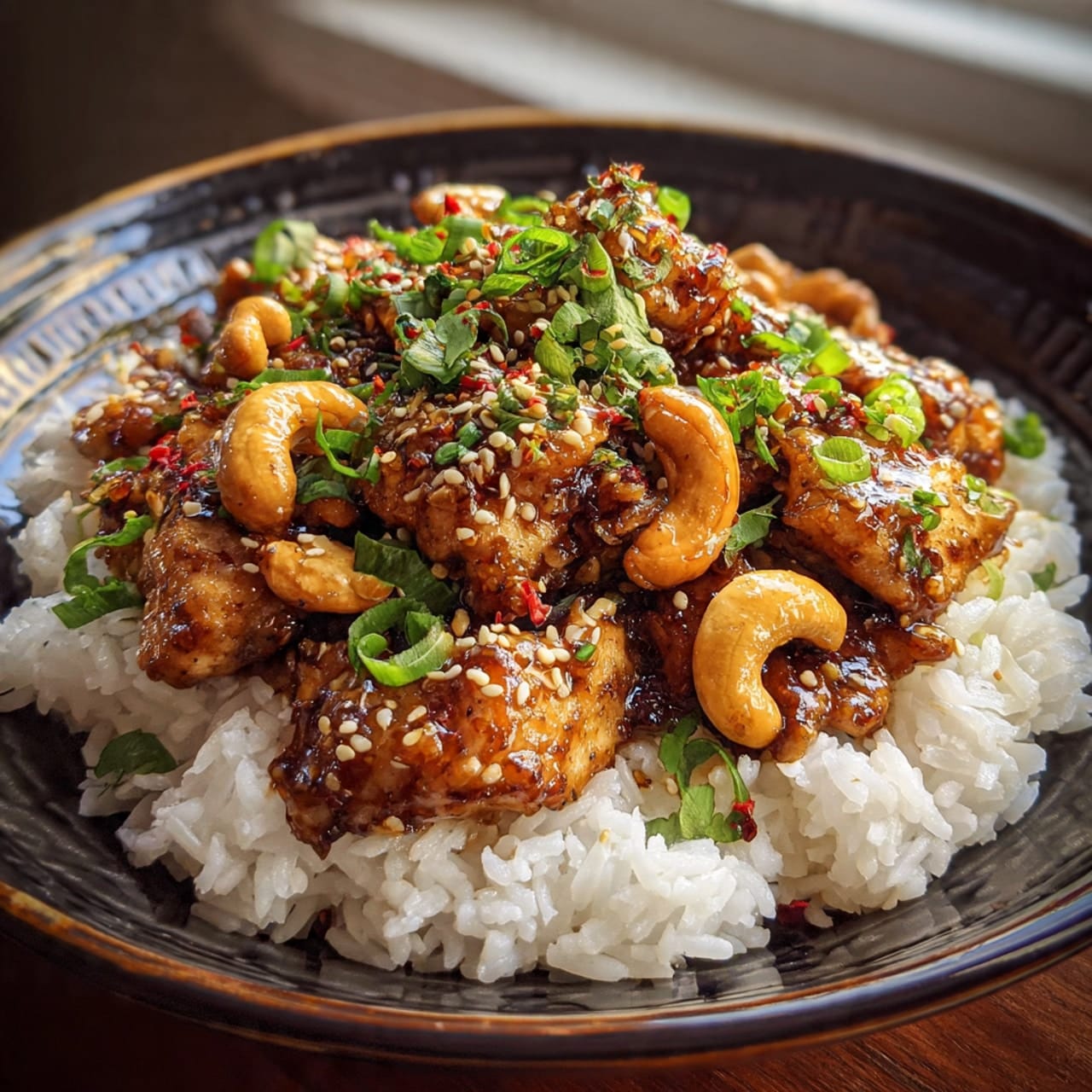 cashew chicken served over white rice with