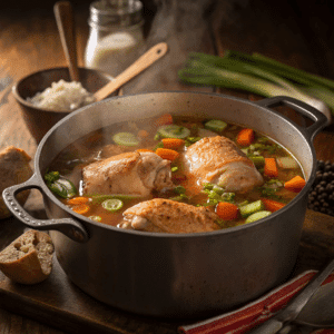 Homemade Chicken and Dumplings 4 chicken pieces simmering in a large pot of broth w