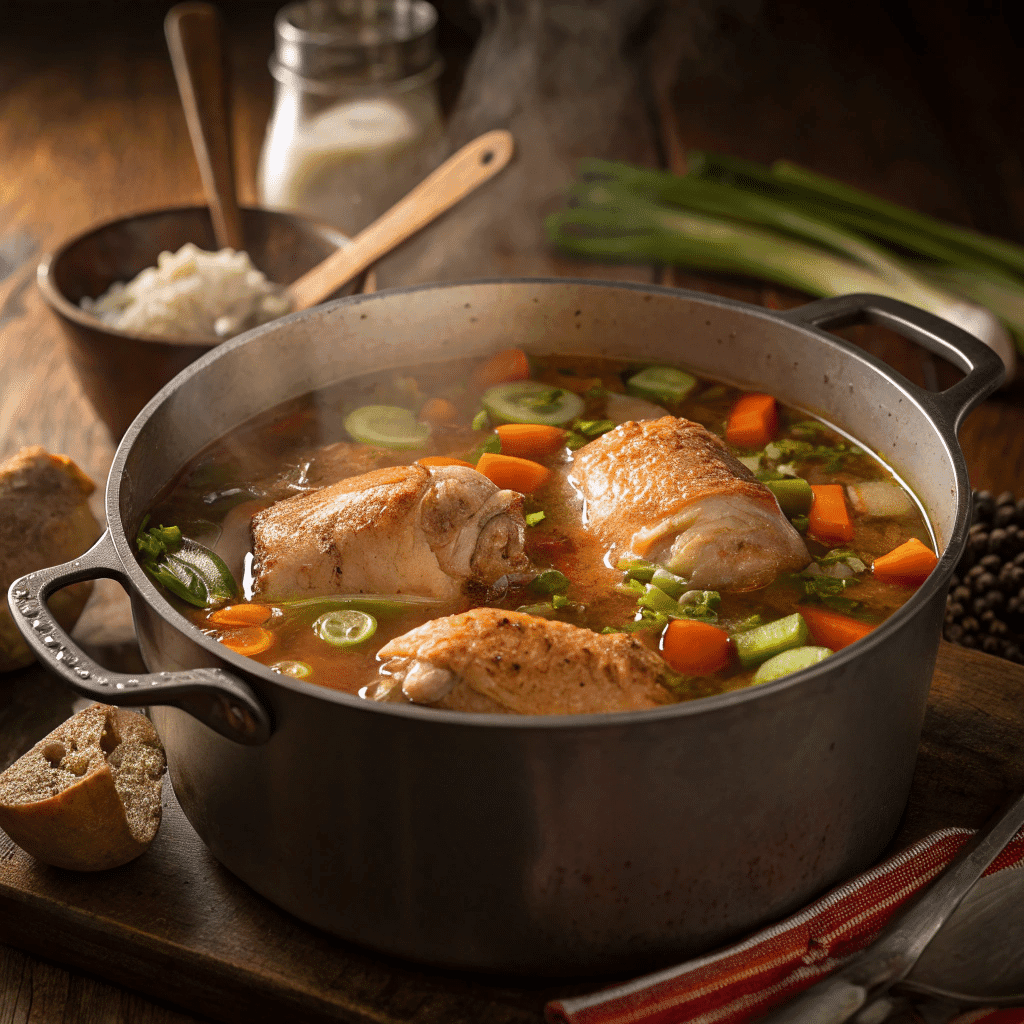 Homemade Chicken and Dumplings 2 chicken pieces simmering in a large pot of broth w