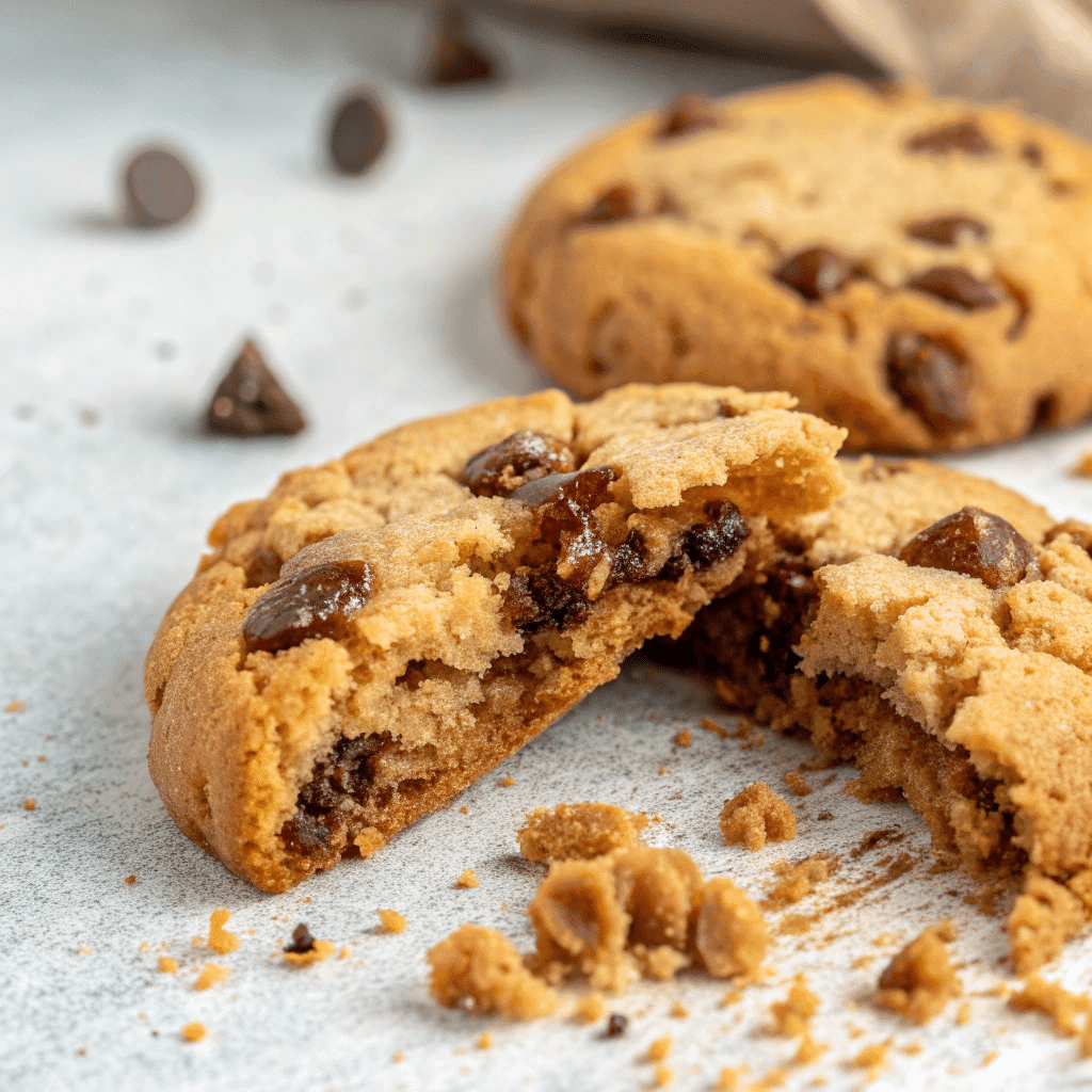 close up of a broken cookie showing the chewy insi