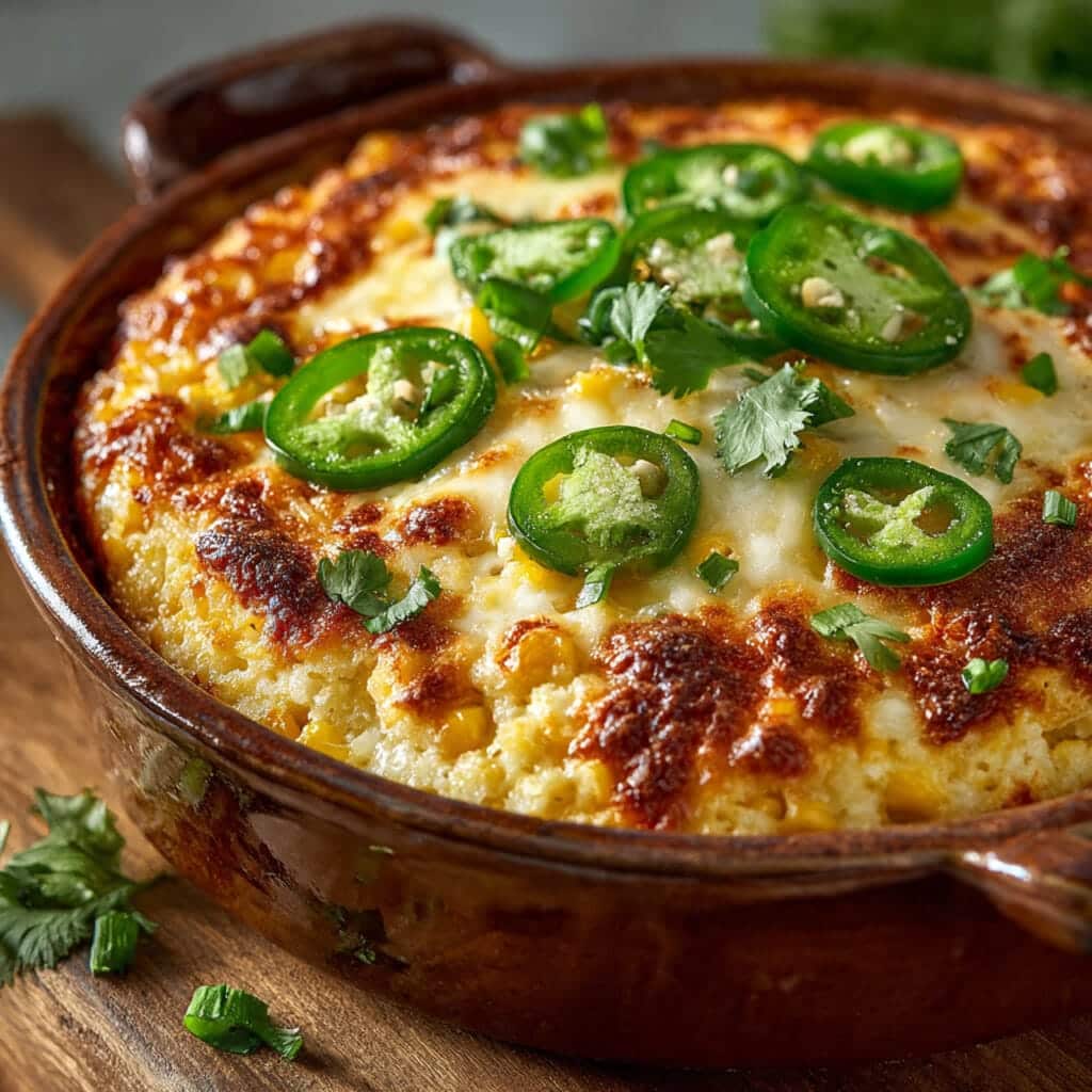close up of a golden corn casserole with 1