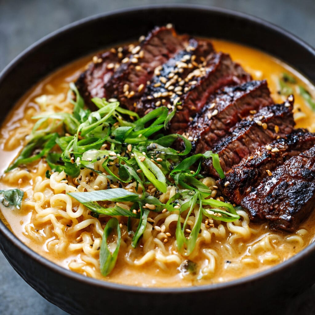 Spicy Korean Ramen with Grilled Beef and Creamy Sauce