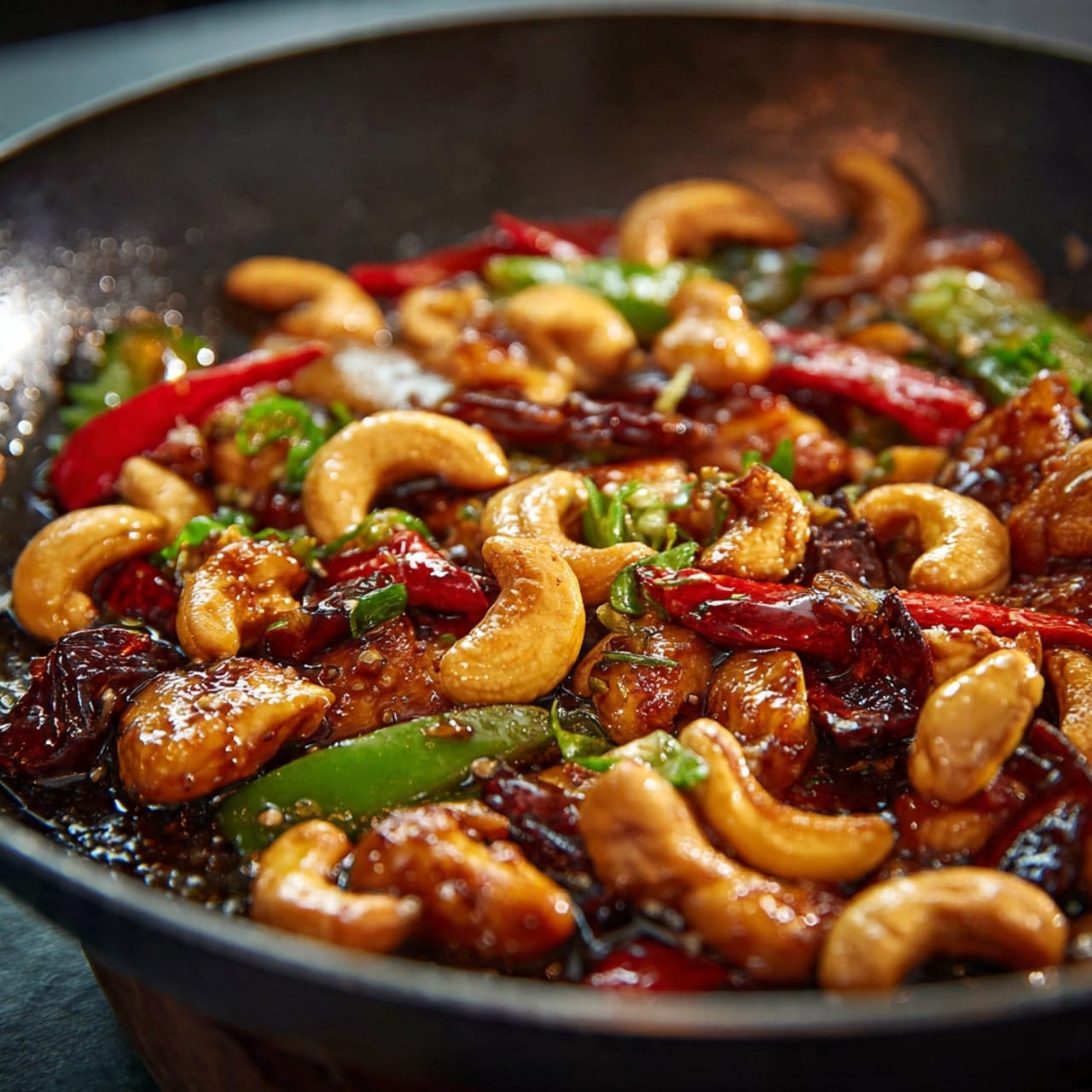 close up of cashew chicken stir fry in a