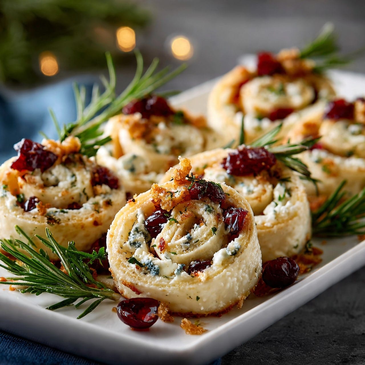 close up of cranberry feta pinwheels arranged on
