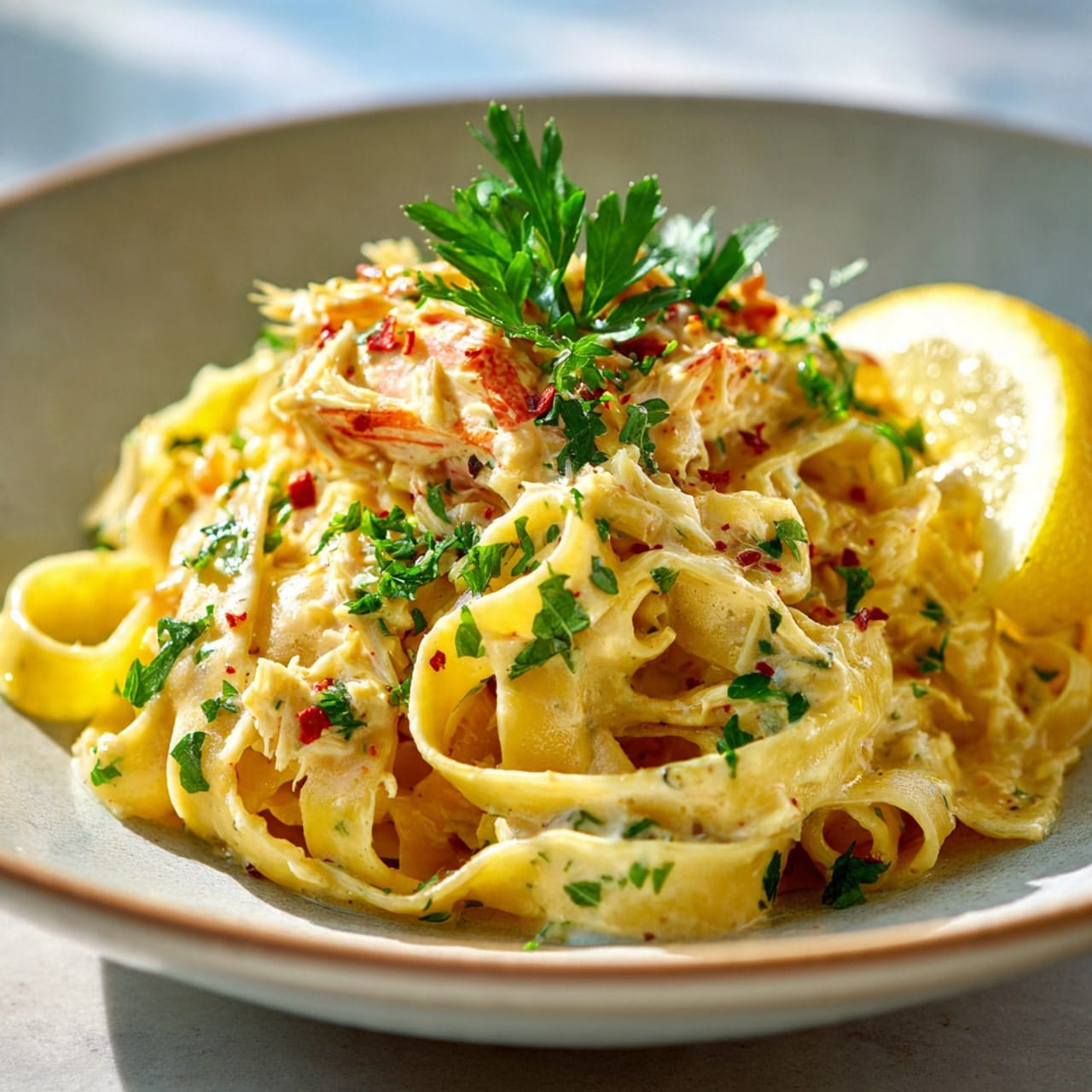 close up of creamy crab newburg pasta golden