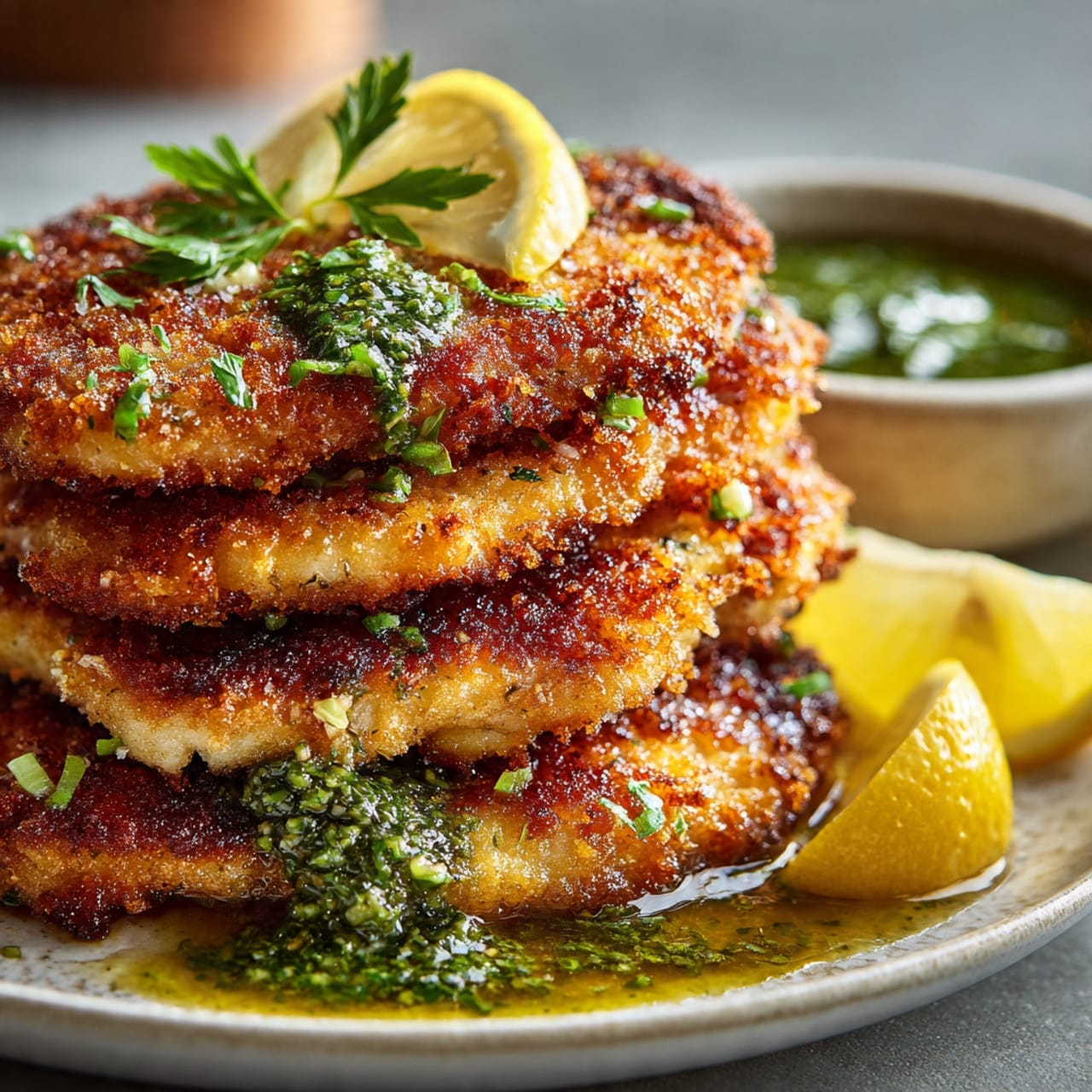 close up of golden brown chicken cutlets stacked 1