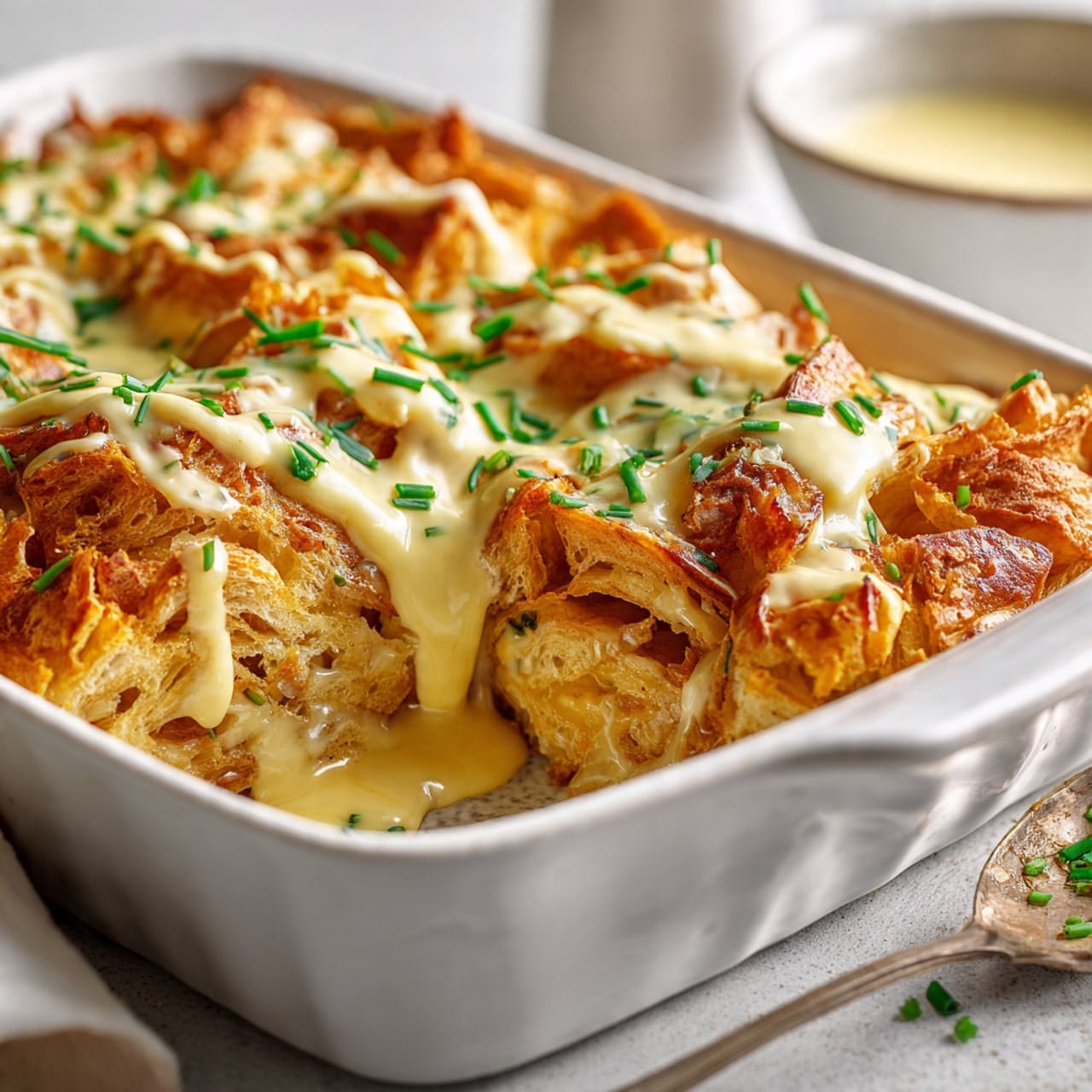 close up of golden croissant casserole topped with