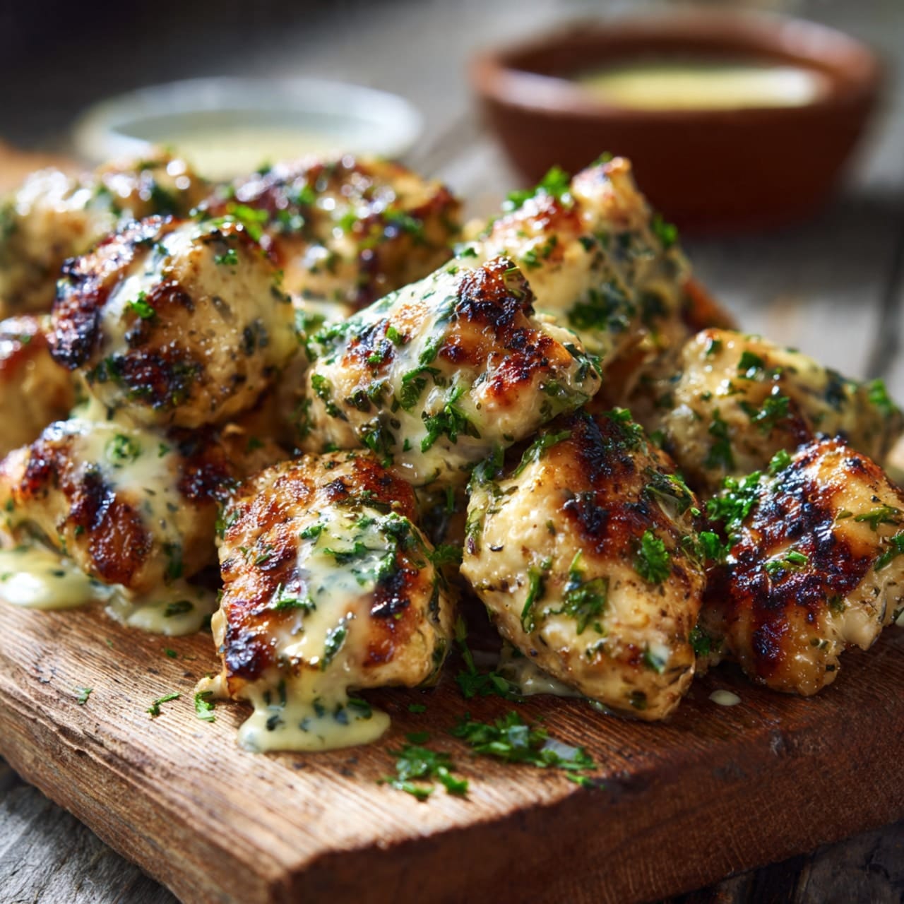 close up of grilled chicken bites glazed in