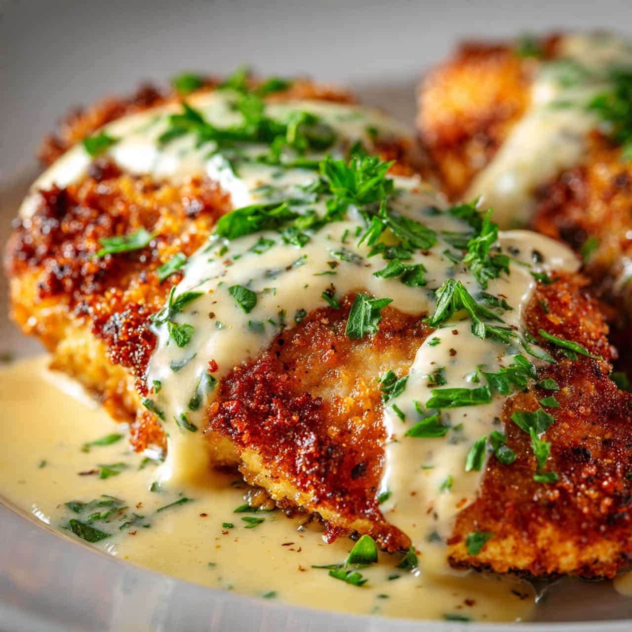 close up of parmesan crusted chicken drizzled with 1