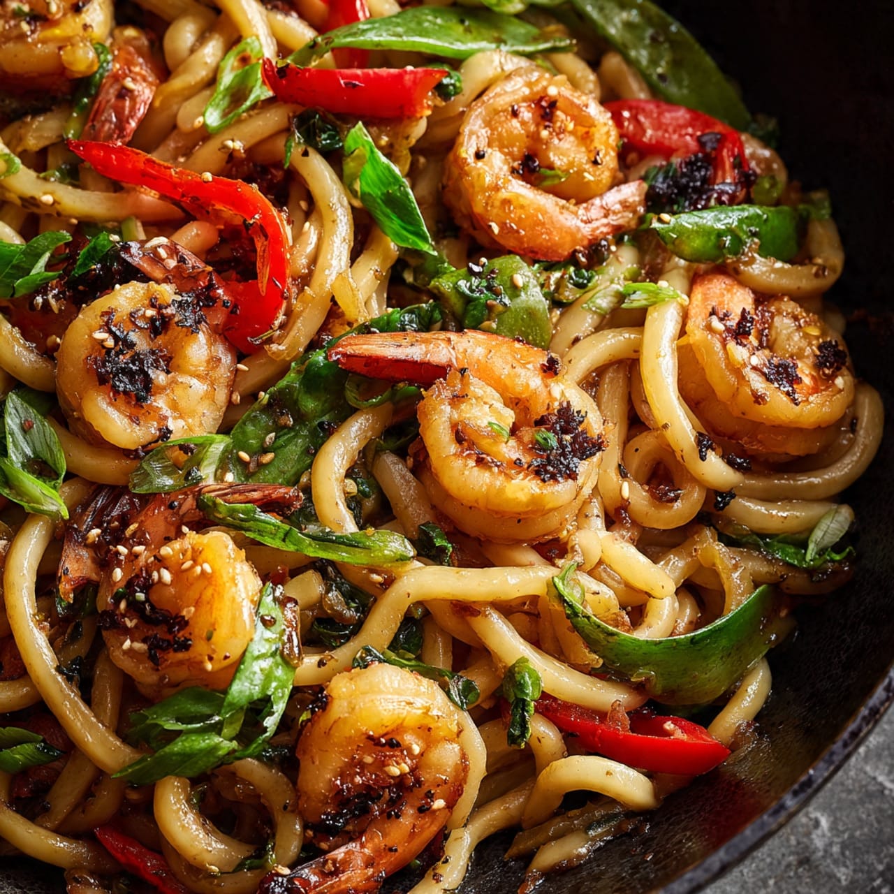 close up of sizzling shrimp yaki udon in