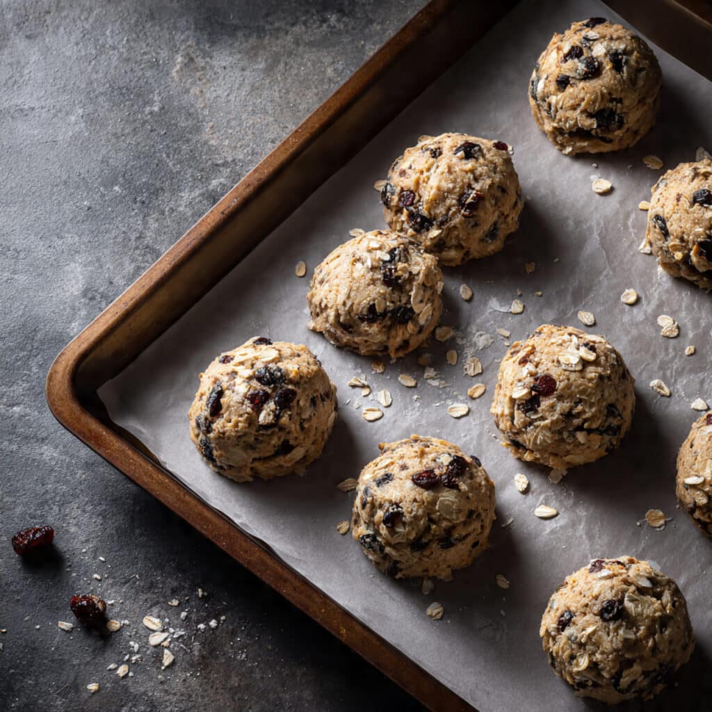 cookie dough scoops with visible oats and 1
