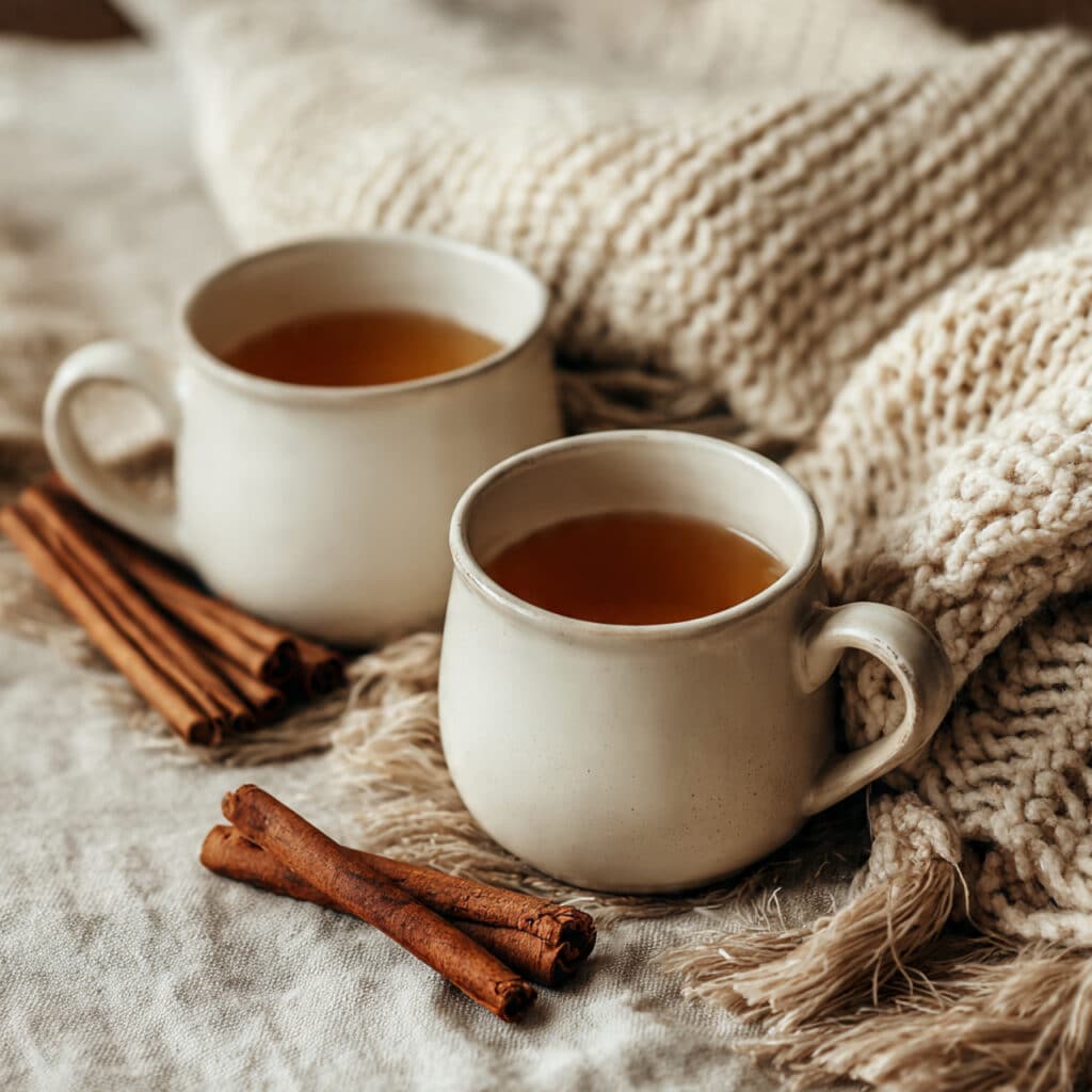 cozy fall table scene with two mugs