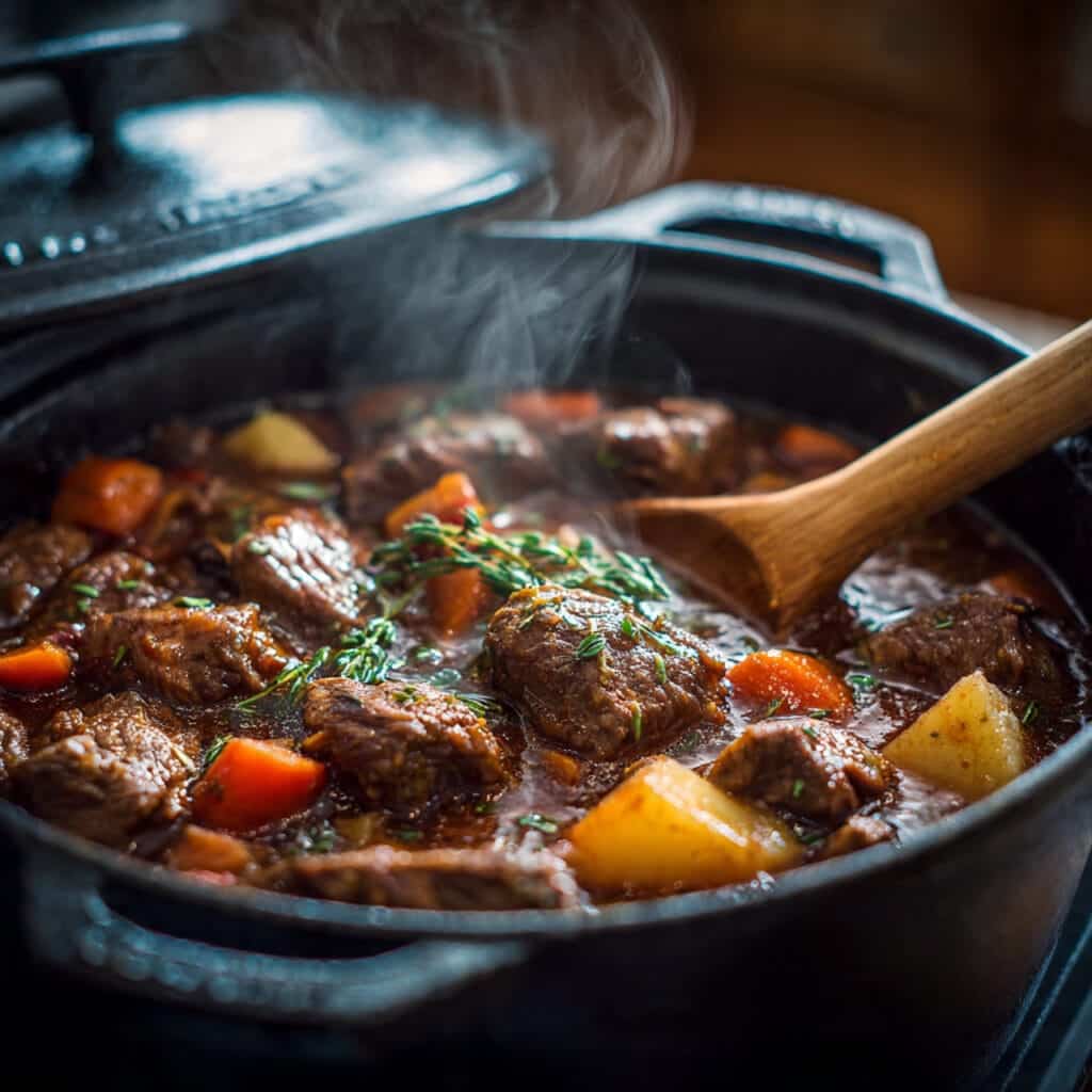 dutch oven filled with simmering beef stew