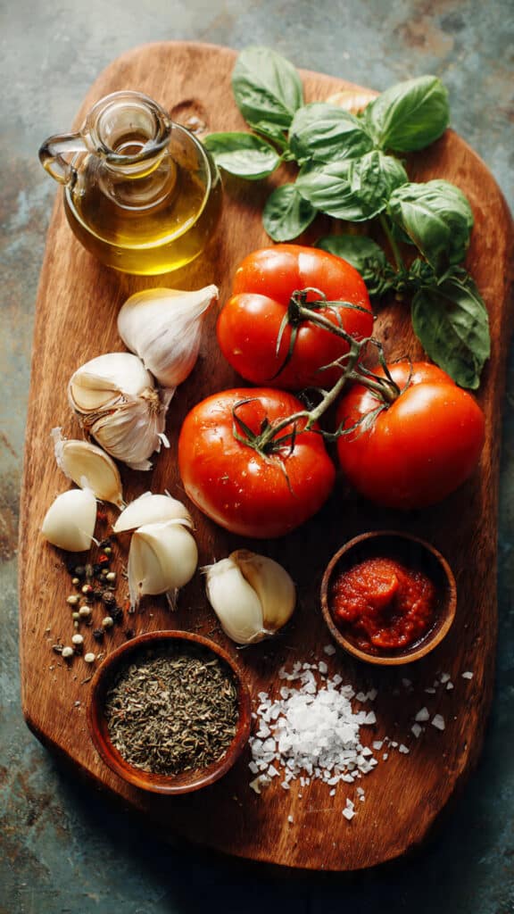 Aurelio’s pizza sauce ingredients on wooden table