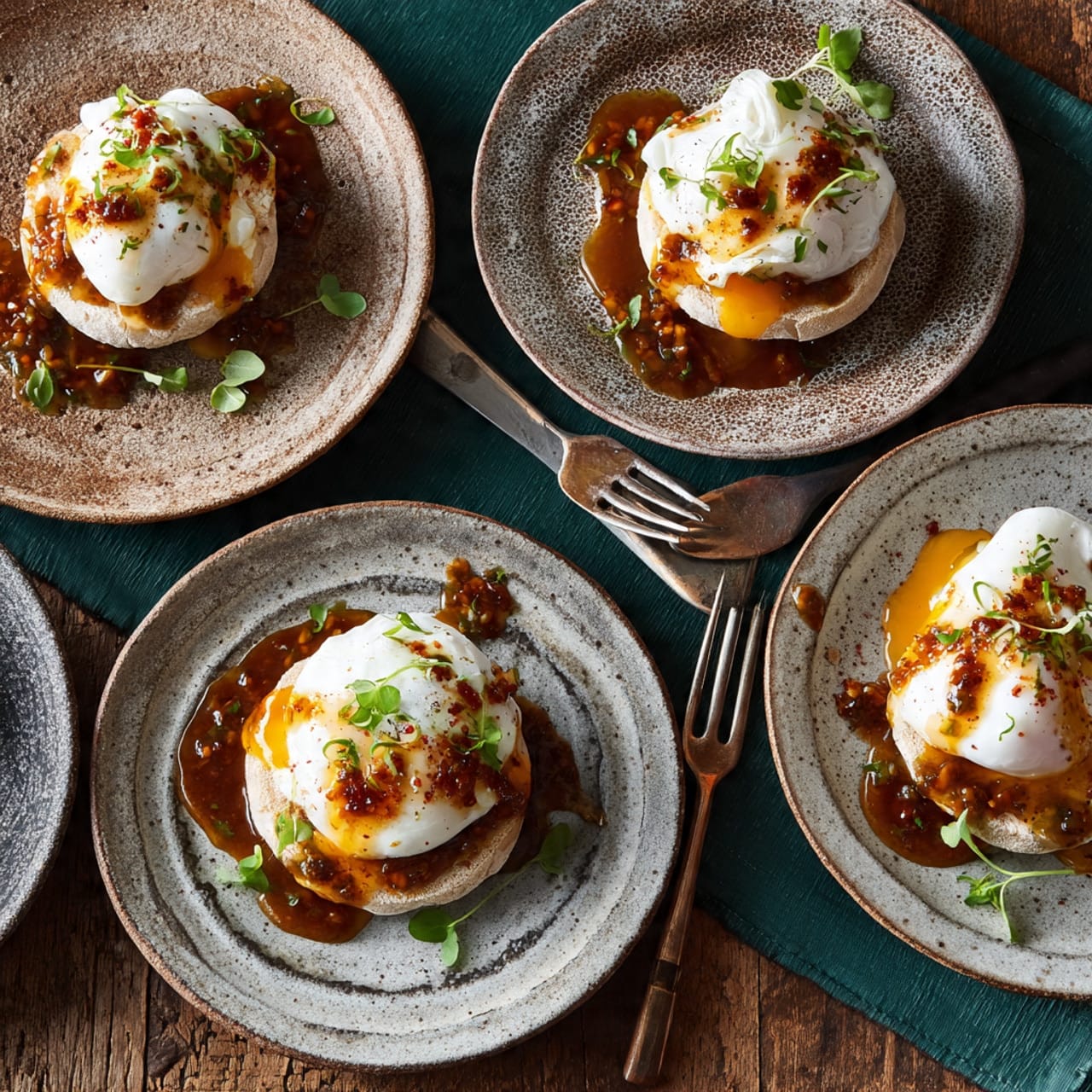 four_benedicts_with_poached_eggs_and_smoky four benedicts with poached eggs and smoky