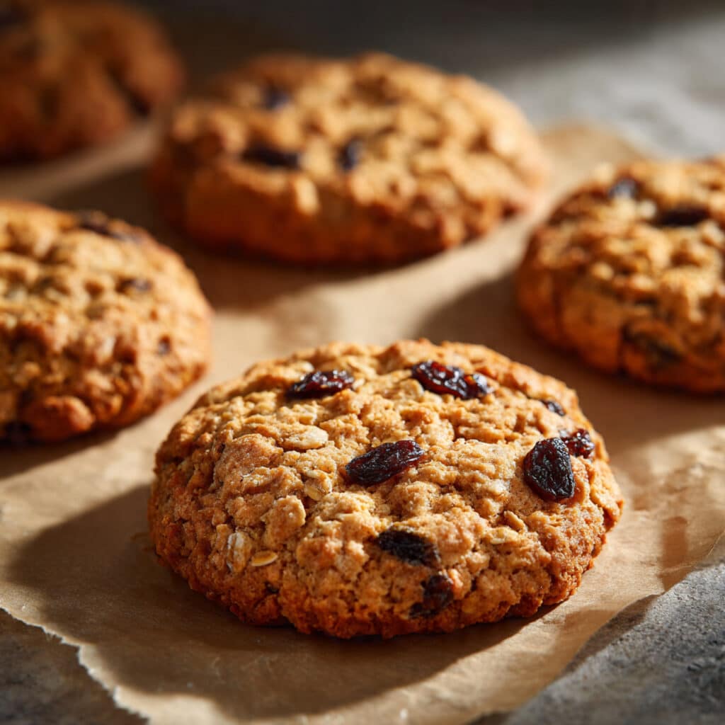 freshly baked oatmeal raisin cookies on parchment