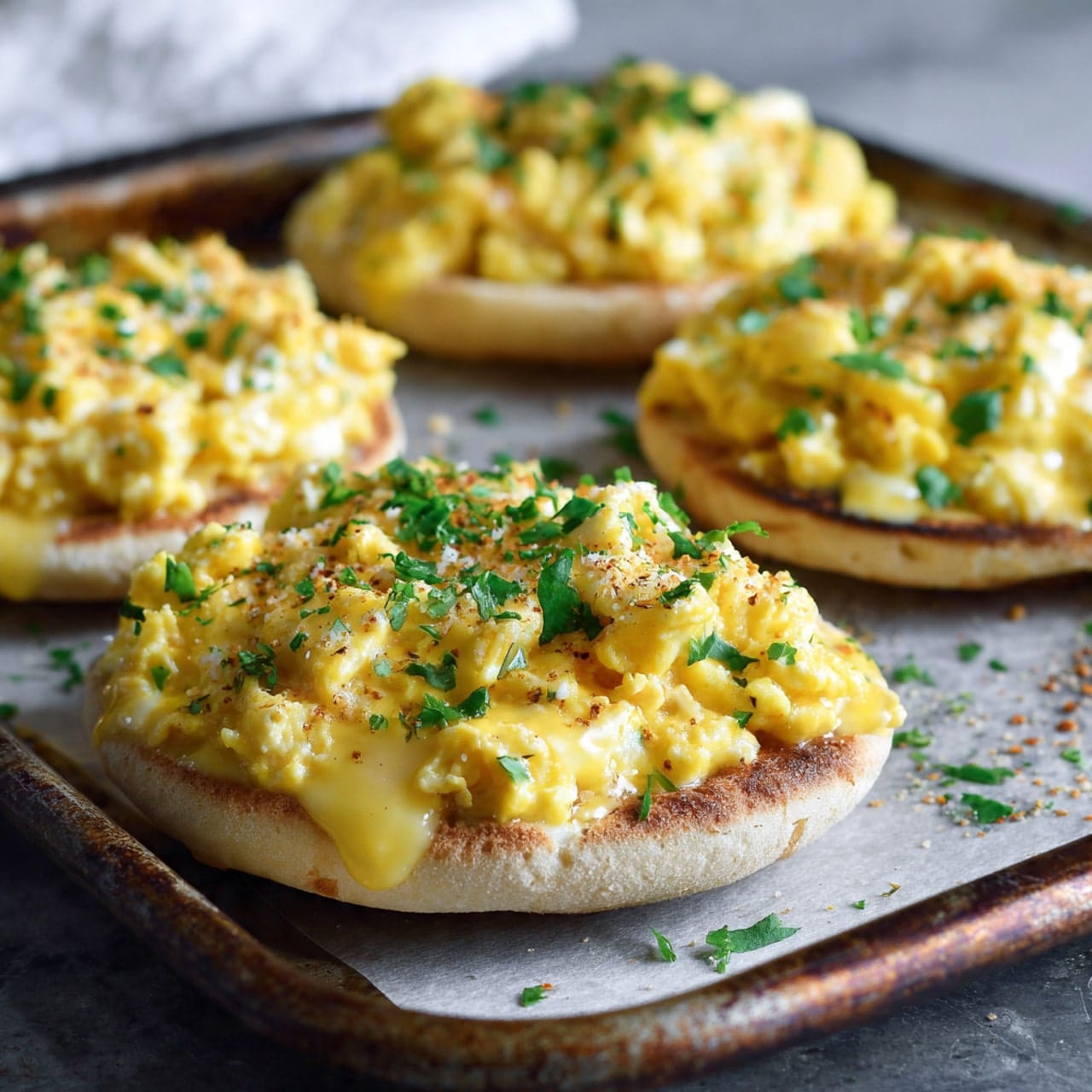 English Muffin Breakfast Pizza with Eggs 1 golden english muffin breakfast pizzas topped with