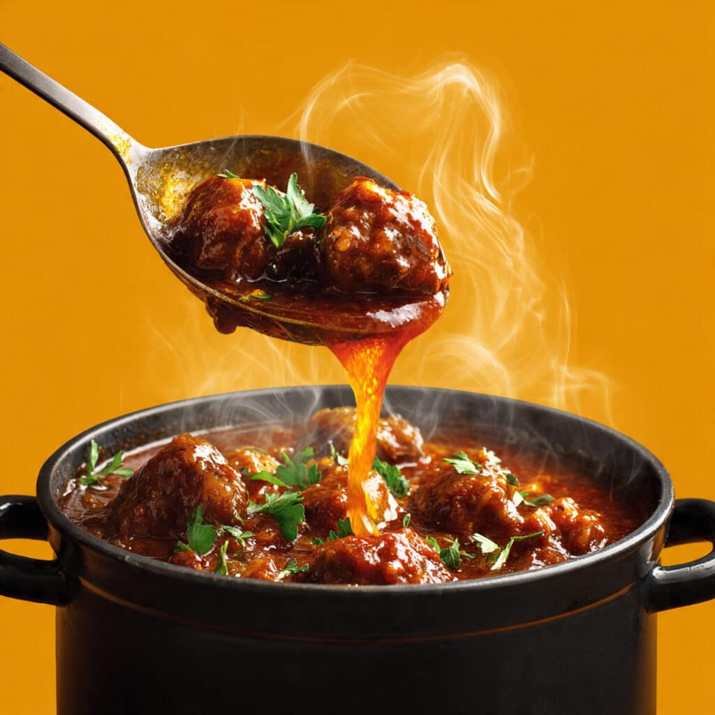ladle scooping thick glossy stew from a
