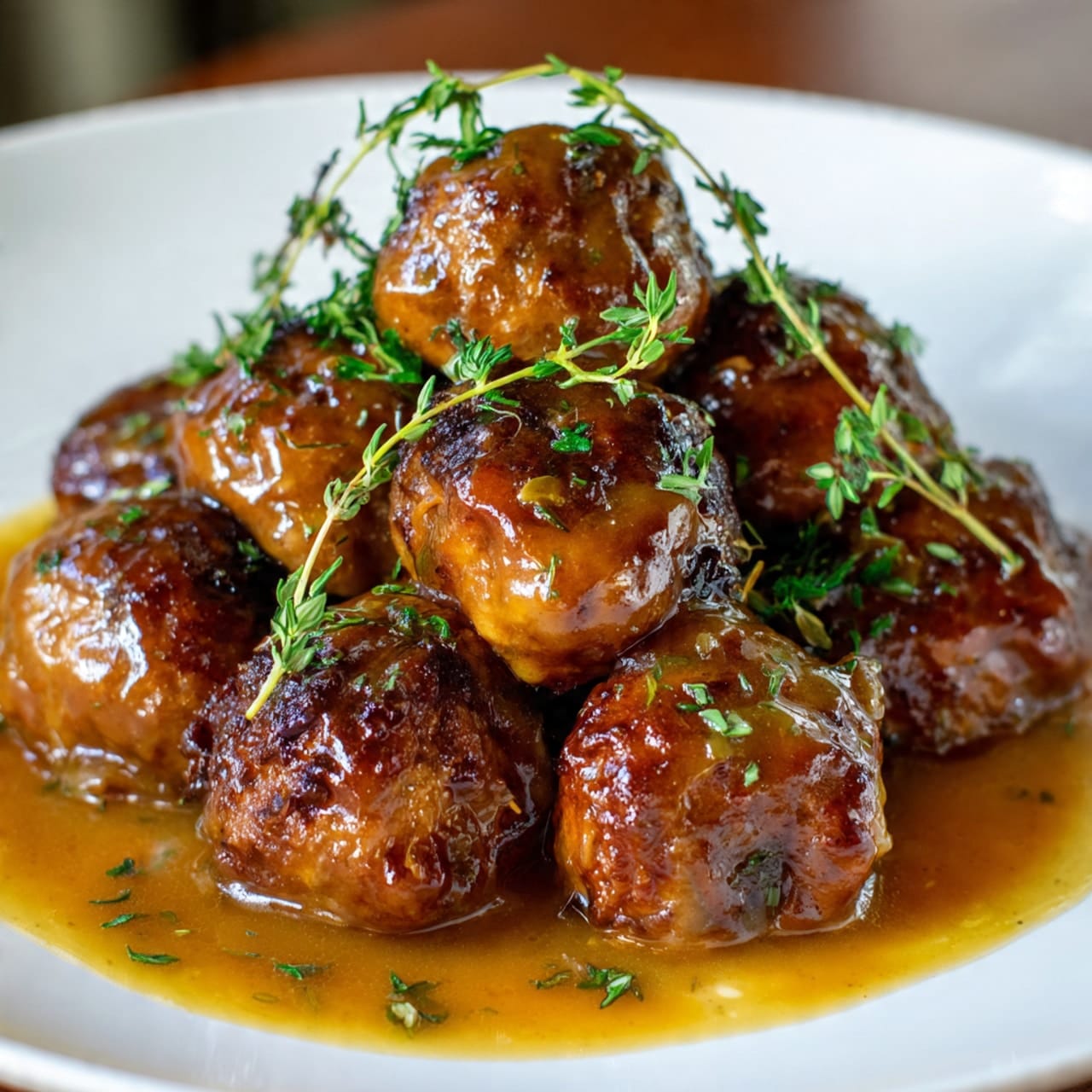 meatballs coated in glossy apple cider sauce