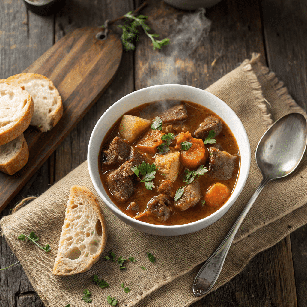 overhead shot of a bowl of beef stew on a rustic w