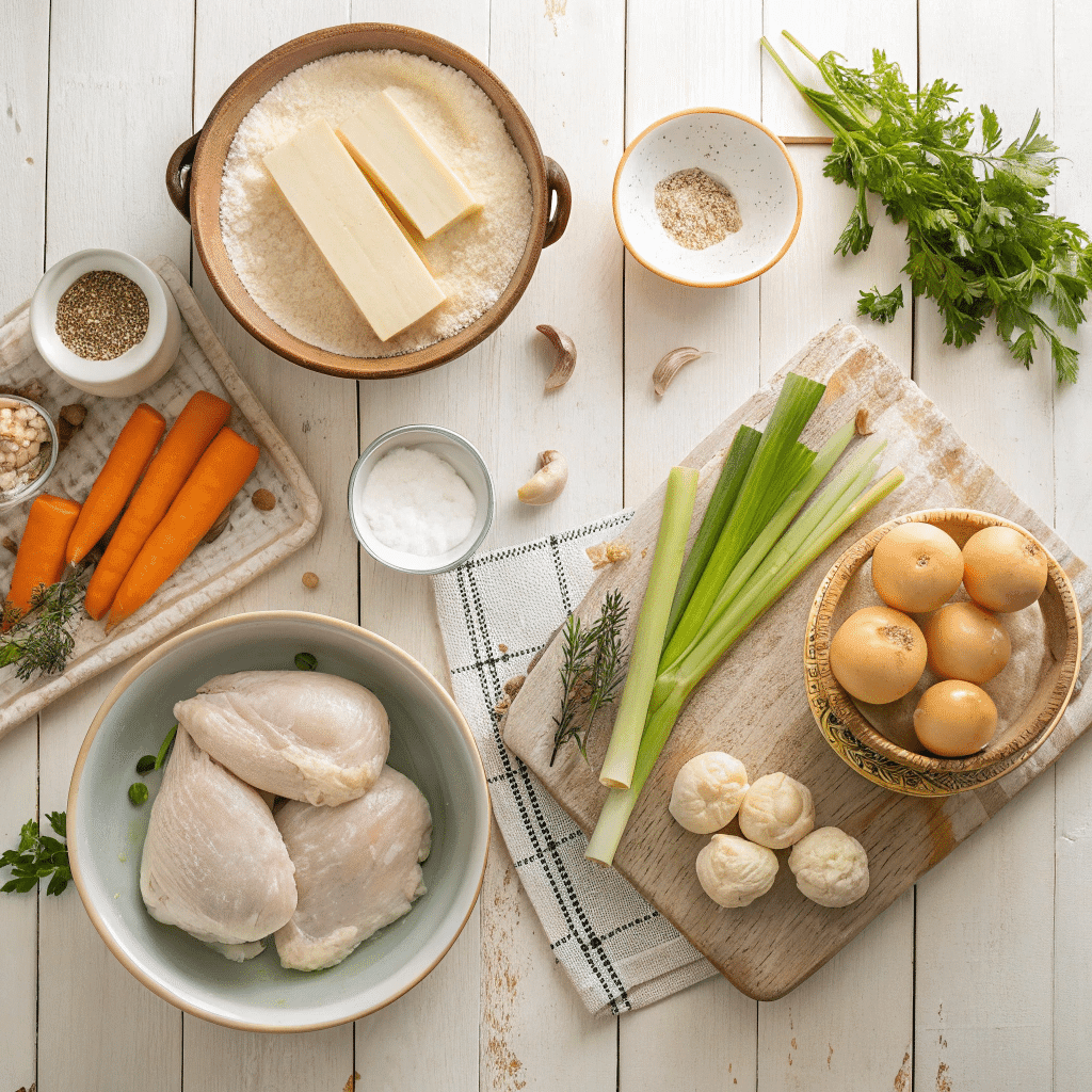 Homemade Chicken and Dumplings 1 overhead view of fresh ingredients for chicken and 1