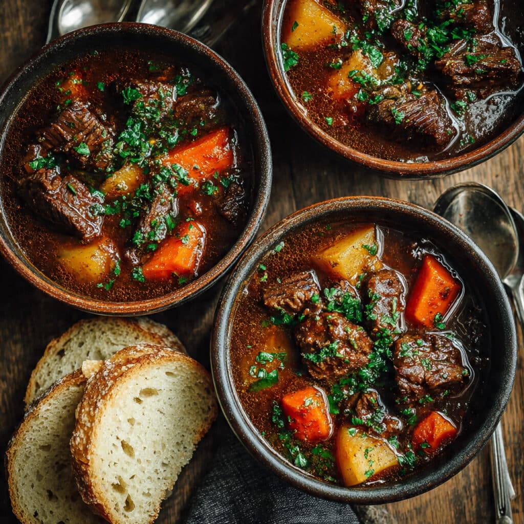 overhead shot of bowls of beef stew