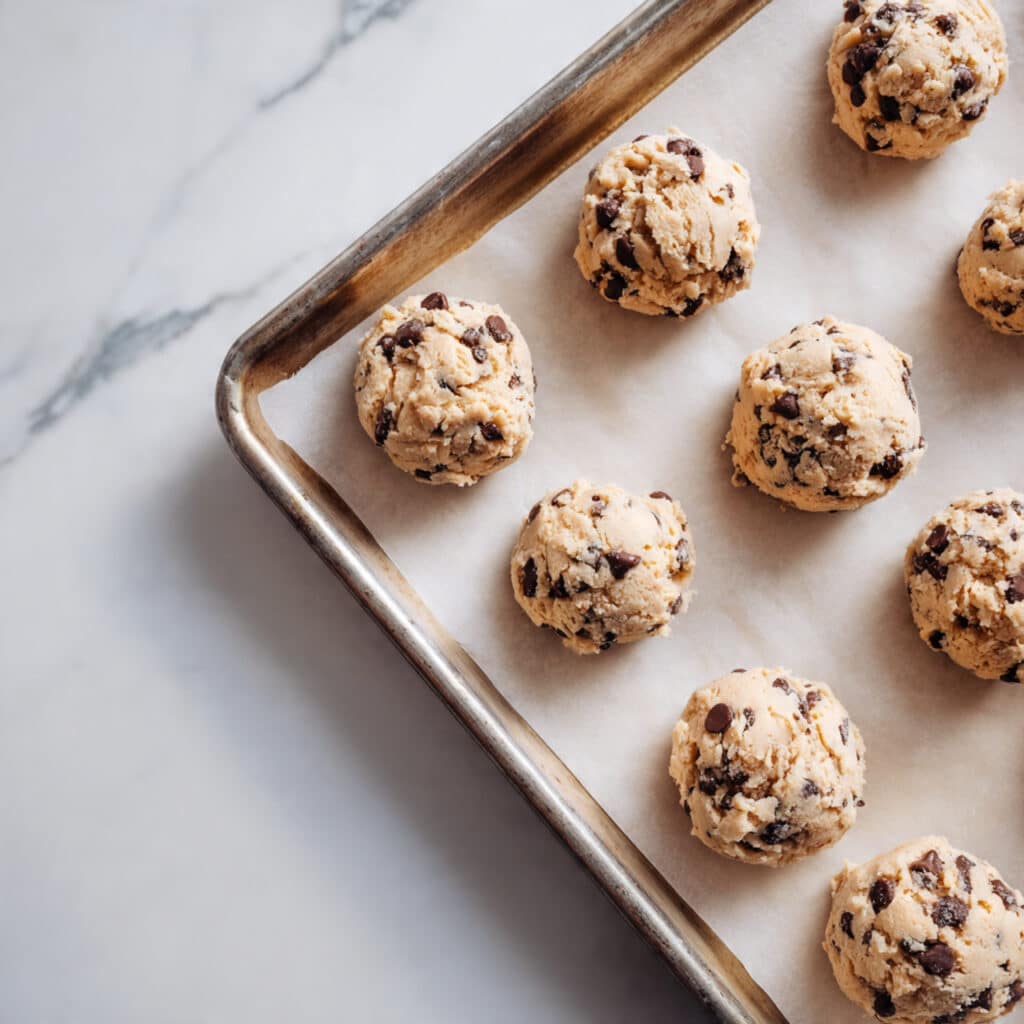 overhead shot of cookie dough scoops on 1