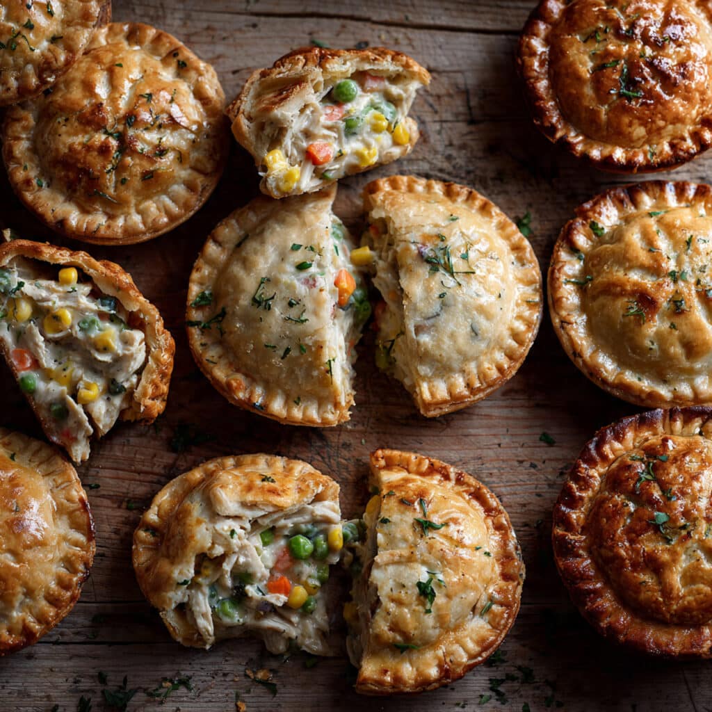 overhead shot of open mini pies showing