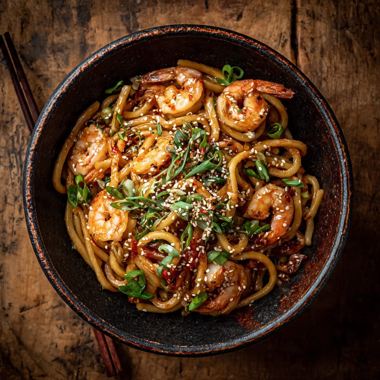 overhead shot of plated shrimp yaki udon